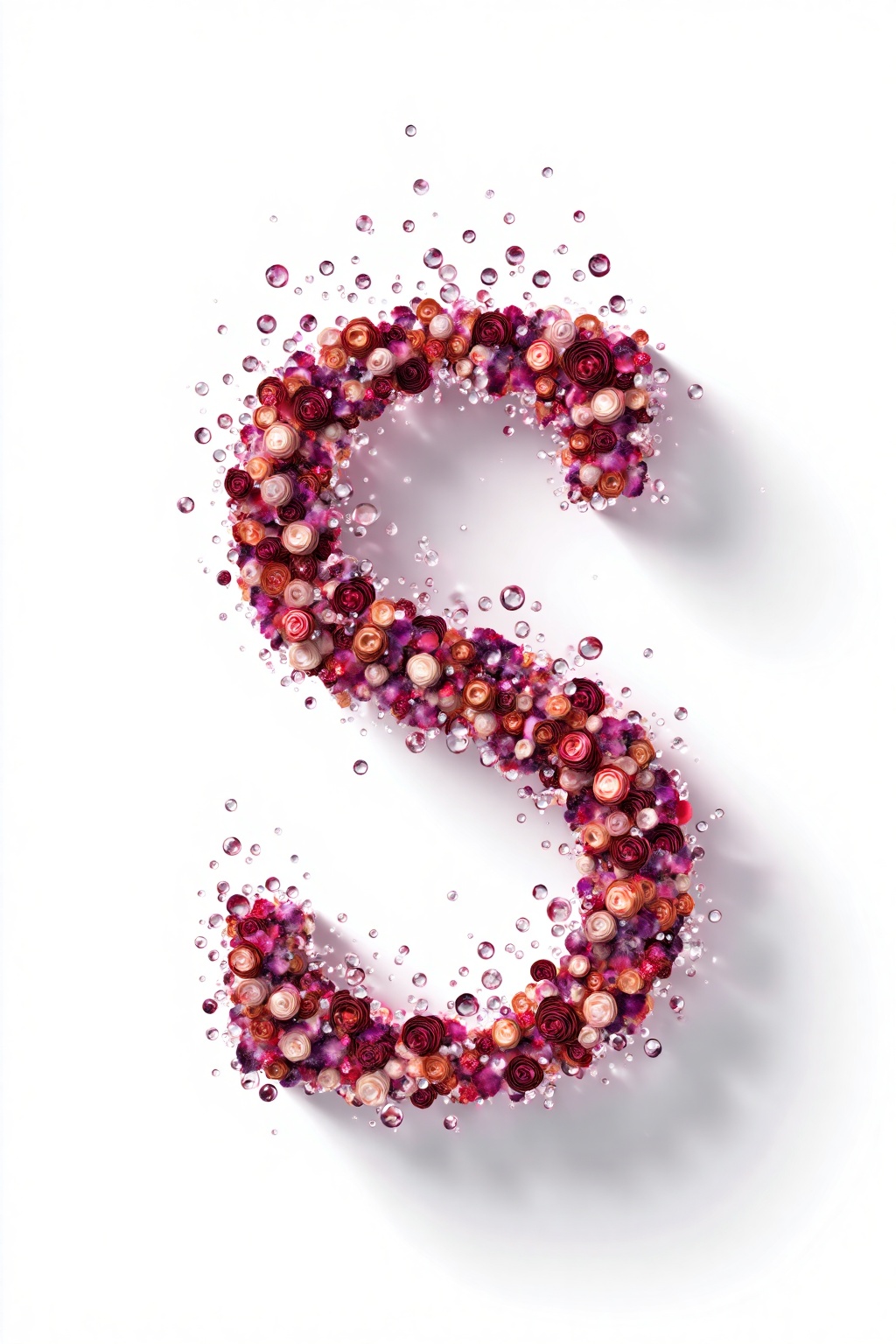 beijihui,3D icon design of letter 'S',**** of rose petal mosaic in soft pinks and reds with microscopic dew-drop tremors,hyperrealistic,hyperdetail,natural-tech,front view,studio lighting,100mm lens,white solid background,