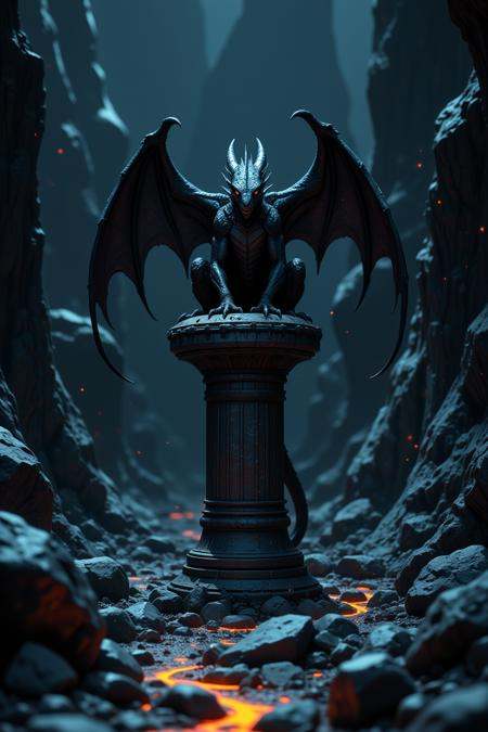 A dimly lit photograph of a dark-scaled dragon perched atop a rough-textured stone pedestal. The pedestal is in a dark crystal valley surrounded by glowing white lava flows. Exaggerated depth of field and surrealist highlights set the tone. The dragon is intimidating.