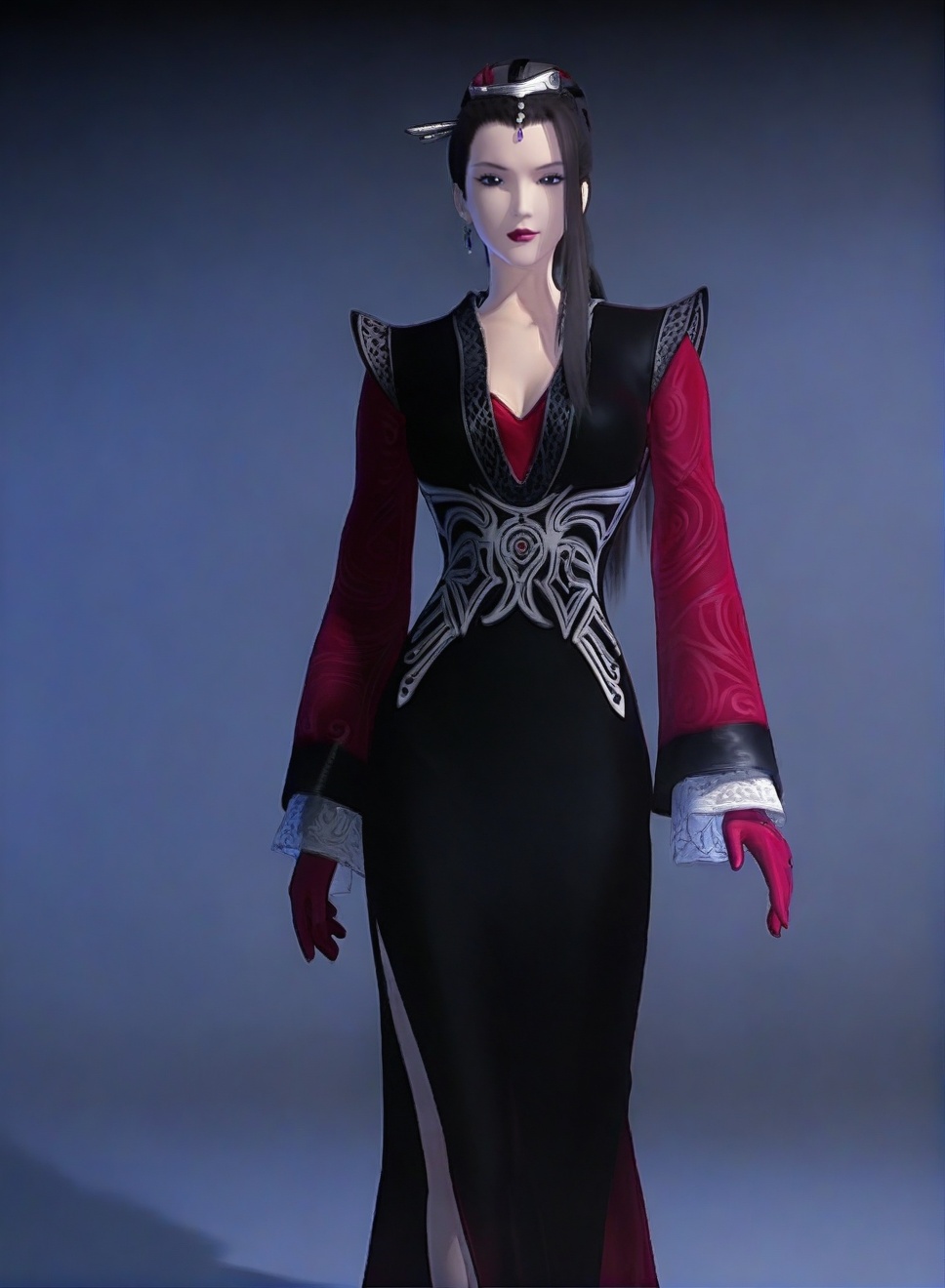 fair_skin,white_skin,score_9,<lora:SF_DaSiMing_Pony_Realism-000003:0.7>,black hair,black dress,long hair,hair ornament,1girl,breasts,medium breasts,standing,long sleeves,red gloves,solo,looking at viewer,simple background,cowboy_shot,