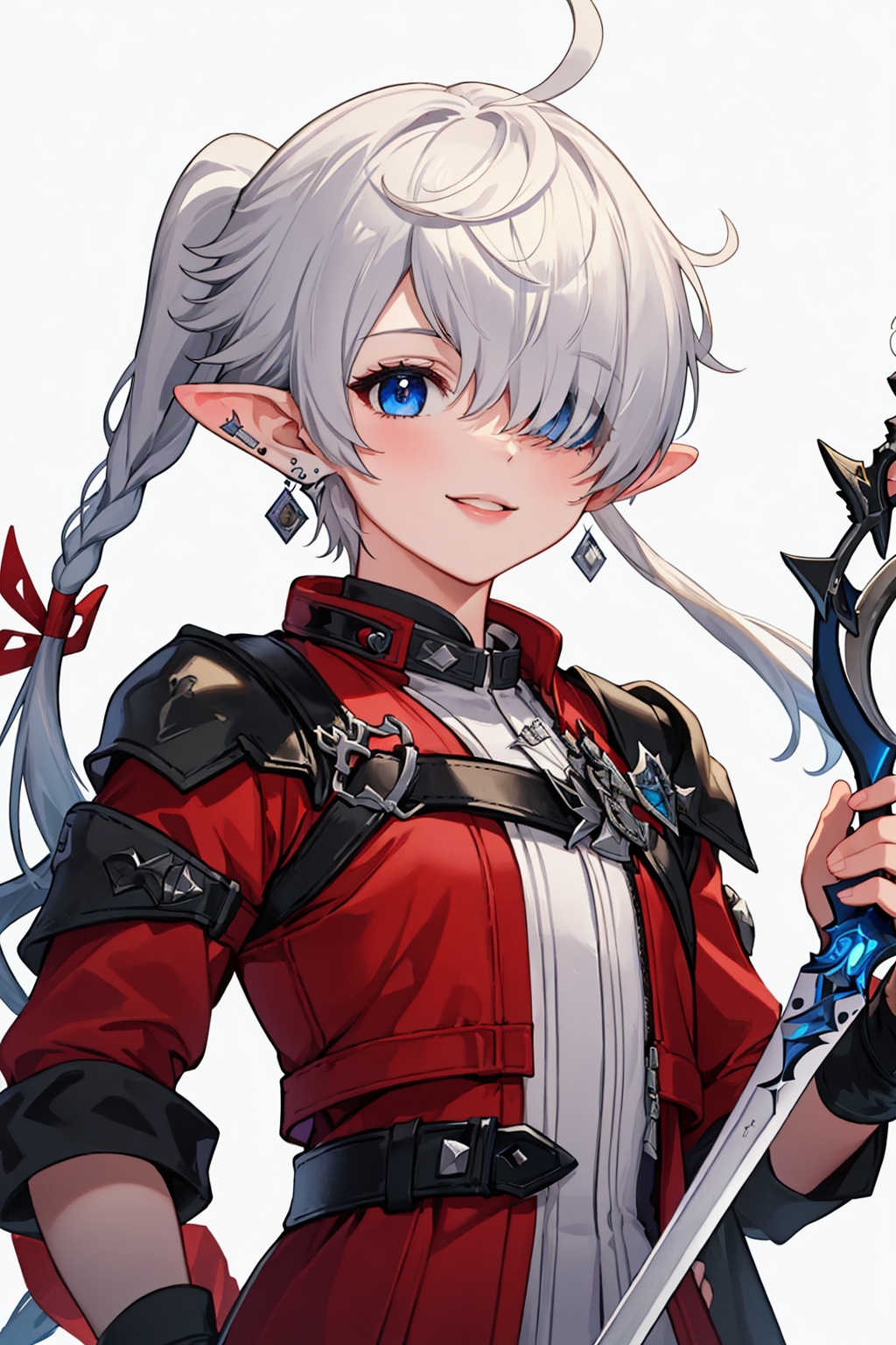 masterpiece,best quality, highly detailed, alisaie leveilleur,1girl, smile, solo, holding sword, fingerless gloves, earrings, elezen, looking at viewer, red jacket, hair ribbon, braid, ahoge, upper body, hair over one eye,<lora:alisaie_leveilleur:1>