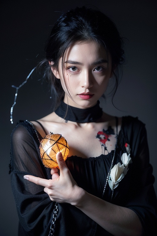 1girl,Pale visage painted with crimson lips, two blood trails streak beneath the eyes. An ebony robe splattered with cinnabar, a clavicle chain dangling a skeletal pendant. In hand rests a glass heart-shaped lamp, where crimson light pierces through finger bones. Twisted dead branches hold aloft a blood moon in the backdrop, hair twined with raven feathers. Gothic gloom pervades, with impasto texture layered over ink wash blending—pupils bear an inverted cross hung upside down,epiCRealism,RealisticVision,8K resolution, ultra-detailed,realistic fabric physics, cinematic lighting,hair flow dynamics,natural perspective,skin texture, subsurface scattering,balanced composition,centered subject,sharp focus,normal hands (5 fingers),natural joint articulation,Low-cut,Reveal long legs，