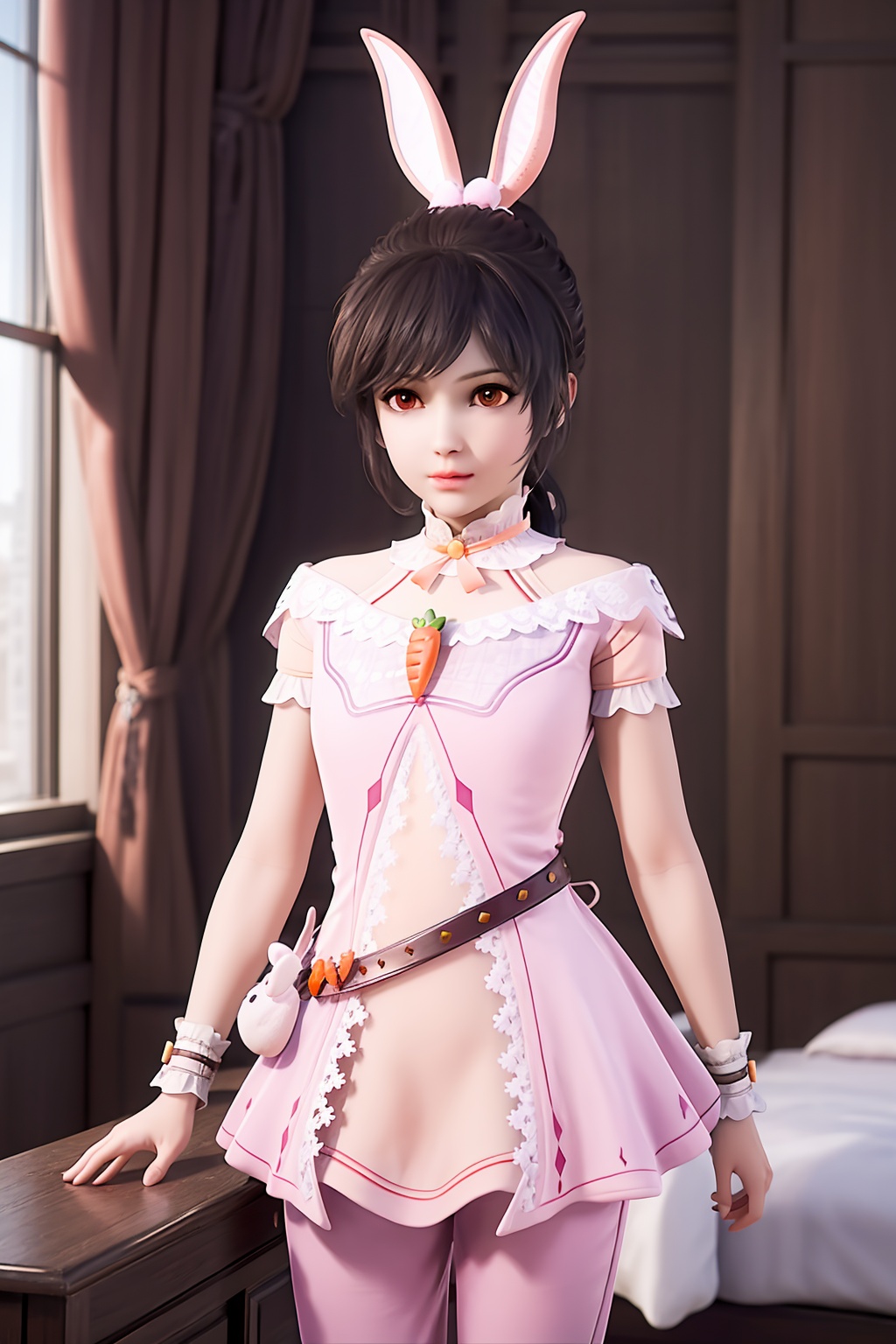 crystalstexture skin,best quality,masterpiece,ultra detailed,8k,RAW photo,realistic,photorealistic,ultra-detailed,intricate detail,extremely detailed,delicate pattern,masterpiece,looking at viewer,night,<lora:C_斗罗大陆_小舞_maiden_FEB:0.7>,bed, 1girl,solo,rabbit ears,pink dress,belt,short sleeves,ponytail,carrot,wrist cuffs,pants,necklace,standing,
