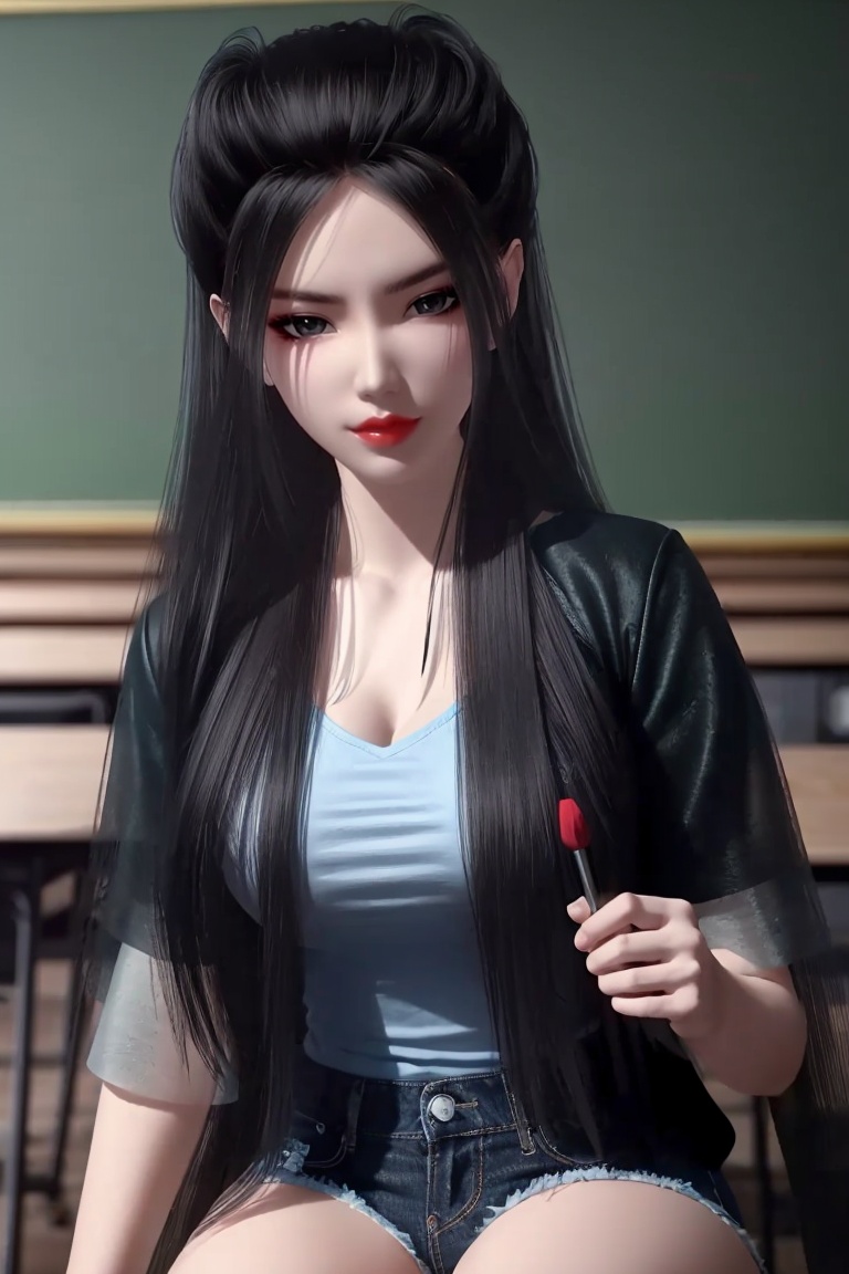 ((HRD, HUD, 8K)),((masterpiece, best quality)), highly detailed, 1girl, solo, black hair, long hair, lips, red lips, makeup, (t-shirt:1.2), (blazer:1.2), denim shorts, blurry background, classroom, chalkboard, sitting, cowboy shot, looking at viewer, <lora:20240518-1715992227646:0.7>