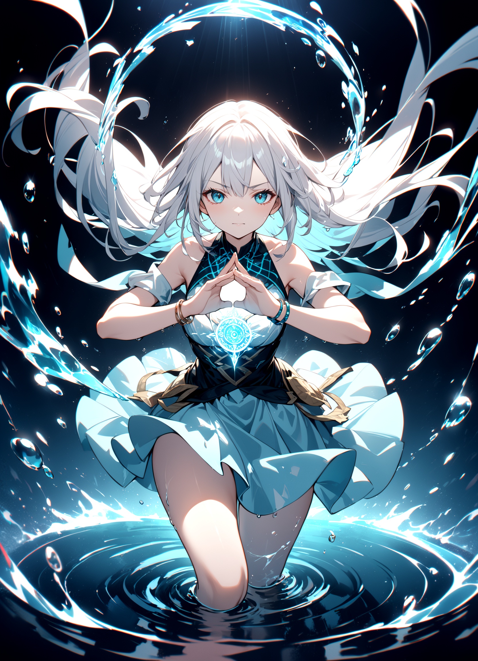1girl, battle_aura, helical_visible_aura full of background,cool and powerful pose,Capital of Water, bracelet made of water around hands,Magic Circle，aqua_aura,floating hair,floating water droplets surronding,chromatic aberration, dark intense shadows，sharp focus，studio lighting，theatrical point of view，looking at viewer,