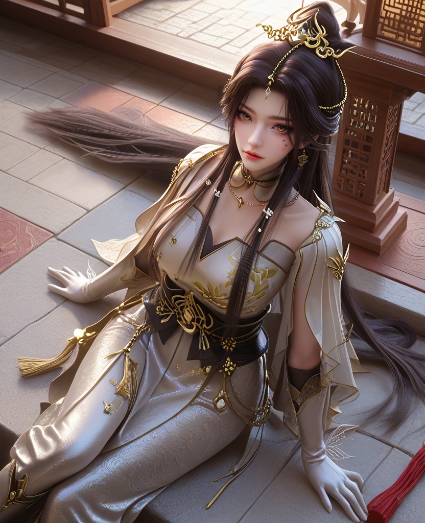 (oriental architecture, elegant decor, sophisticated style:1.1),(Elbows on knees, head resting on her hands,:1.1),From a high-angle vantage point,looking downwards,(large breasts:1.2),<lora:XL16云深不知梦羲和白色战斗服:0.95>,miss xihe,silvery white tiered dress,shawl,yellow eyes,facial mark,black hair,absurdly long hair,traditional chinese updo with long front strands,hair ornament,jewelry,sash,gloves,tights with attached boots,, score_9,score_8_up,score_7_up,score_6_up,score_5_up,score_4_up,3d rendering,tag1,tag2, Cinematic Lighting,backlighting,