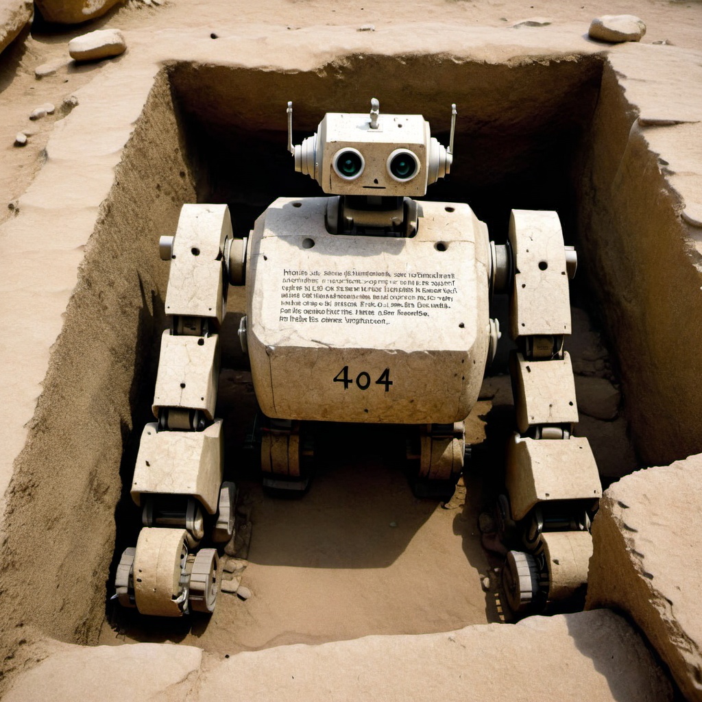 "404" text on unearthed robot,  ancient archaeological site on Tensor.Art