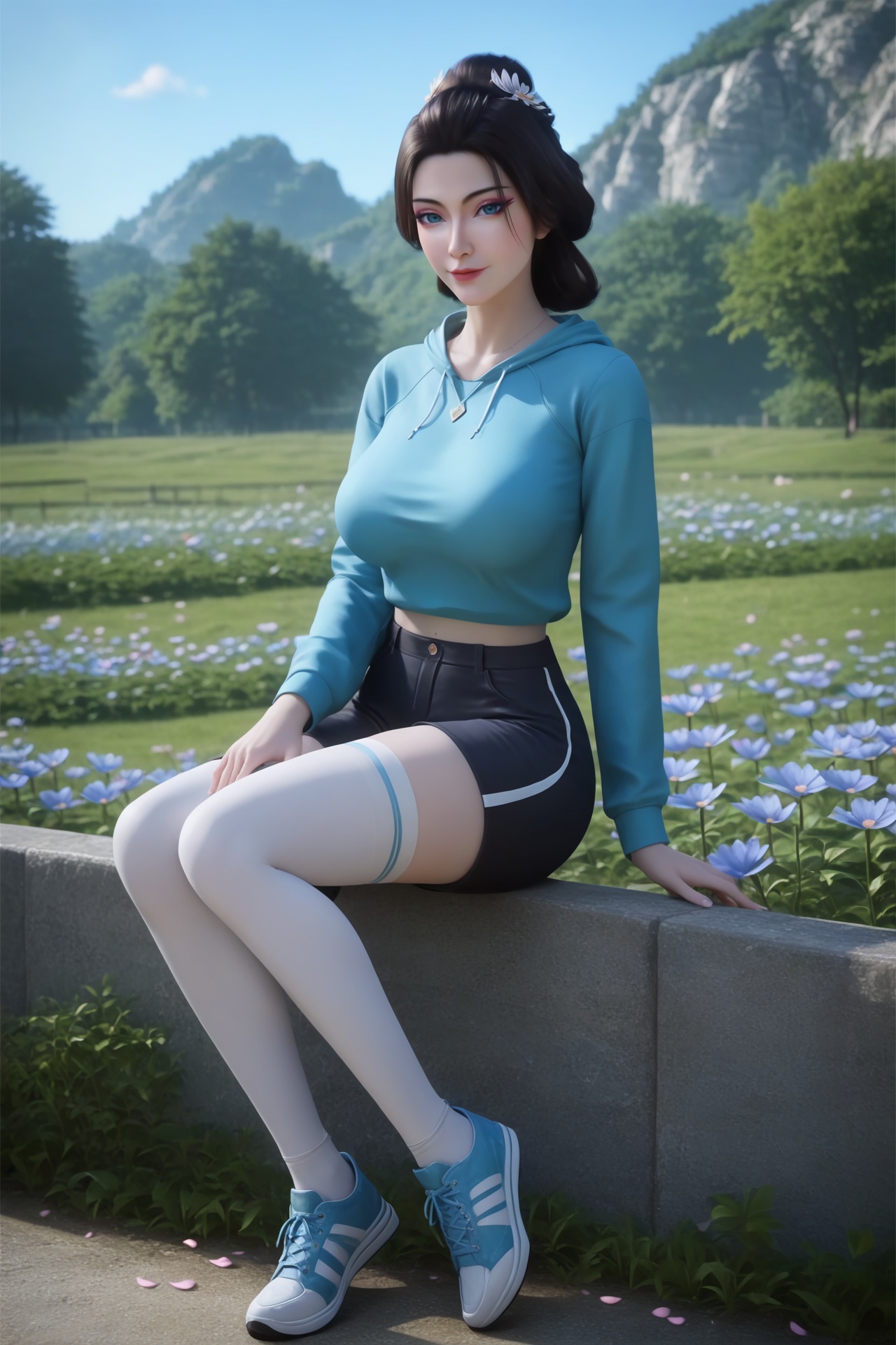 fanjingmei,<lora:fanjingmeiXL:0.6>,score_9,score_8_up,score_7_up,32K UHD,8k,4k,best quality,extremely detailed cg 8k wallpaper,ultra-detailed,masterpiece,sharp focus,unconventional supreme masterpiece,masterful details,temperate atmosphere,with a high-end texture,luxurious sharp focus,intense,dynamic cinematic color,located artistic,Fashion and art,elegant and sophisticated,innovative use of light and shadow,decorative,allegorical,symbolic,with a high-end texture,day,sky,outdoors,flower,flower field,petals,sitting,pale skin,1girl,solo,big breasts,looking at viewer,sweatshirt,thighhighs,shorts,shoes,