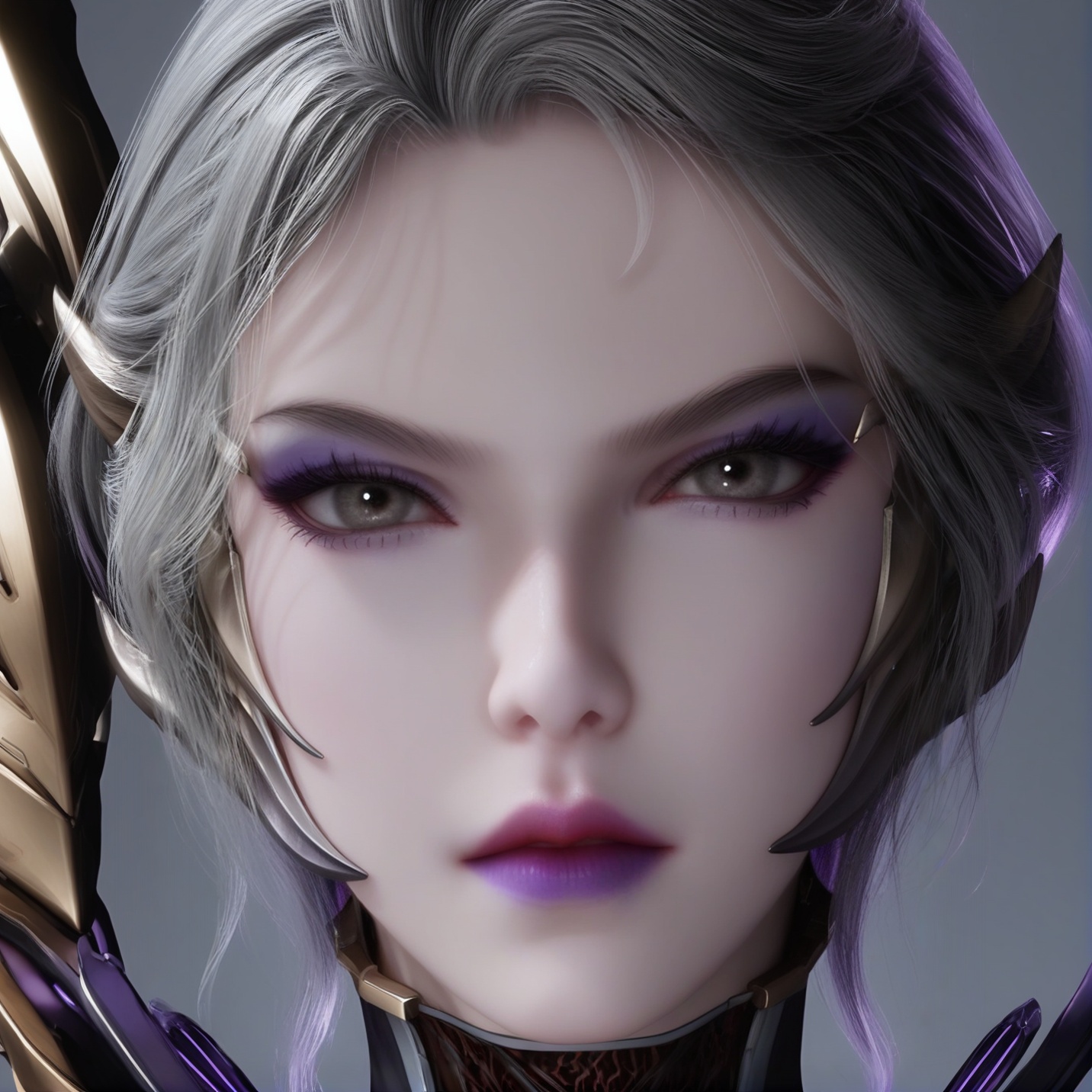 (score_9),portrait,(close-up),solo focus,(eye focus),<lora:九皇女-apony-000009:0.82>,jhn,1girl,solo,short hair,grey hair,purple lips,eyeshadow,makeup,sci-fi suit,mechanical wings,bodysuit,<lora:perfect eyes_v1:0.8>,light blush,Expressiveh,<lora:Expressive_H-000001:0.8>,collarbone,(glamor:1.2),curvy,BREAKlooking at viewer,front view,<lora:e肤色滑块:0.5>,fair_skin,(pale_skin),(white skin),<lora:e色温:0.35>,light skin,BREAKsimple background,grey background,ultra-detailed skin texture,detailed textures,4K ultra HD,sharp focus,high detail,natural lighting,high contrast,hearts,Volumetric Lighting,Tyndall effect,