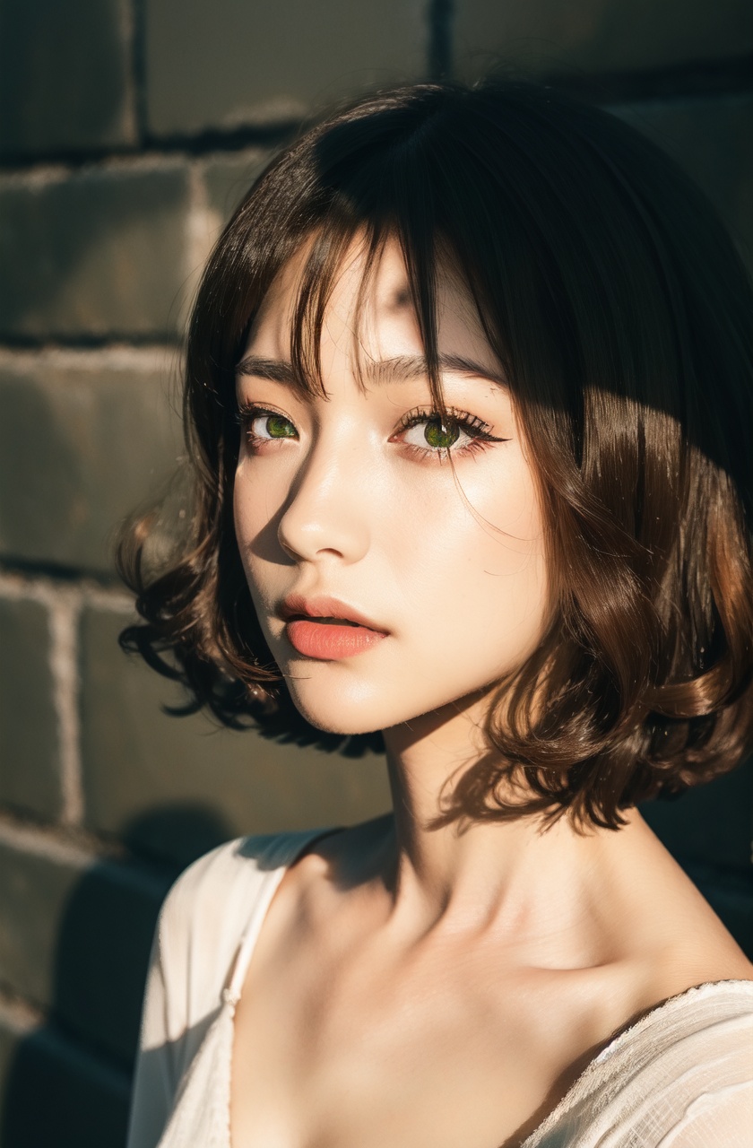 masterpiece,best quality,(absurdres:1.2),1girl,white hair,green eyes,lipstick,portrait,expressionless,closed mouth,bob cut,short hair,makeup,eyelashes,cleavage,white dress,neck ribbon,shadow,brick wall,depth of field,dark,