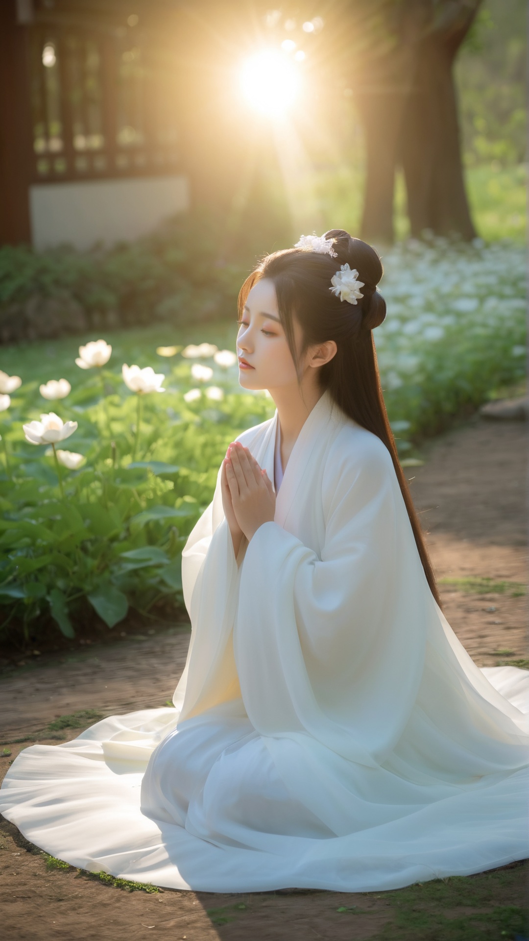 jpn-girl,(Best Quality:1.2),Masterpiece,HD,HDR,8K,(Film Quality:1.2),Film Tone,Serene Garden Scene,Lens 35mm,Depth of Field,Soft Tone,(Film Vignetting:1.2),Film Grain,Photorealistic,Realistic,Soft Sunlight,dappled light and shadow,tranquil atmosphere,Secluded garden,1woman,solo,exquisite Hanfu,full body,waiting pose,calm expression,detailed Hanfu with bamboo shadow patterns,flowing silk material,colorful details,promise of a sweet love encounter,bamboo shadows,serene ambiance,traditional Chinese garden elements,stone paths,blooming flowers., Wuxia Fantasy Style, Chinese Mythology, Sky Realm, Divine Realm, a young girl wearing a white Chinese robe sits on a huge blooming white lotus flower (immortal aura, closed eyes, hair bun, long hair scattered), (countless lotus lights and shadows surround her, scattered scene), (a glowing circular halo at the back of the girl's head: 1.4), (glowing runes interweave in the air, forming several light bands: 1.4), holy radiance, clouds surround her, divinity, Zen, (petal dancing: 1.3), mugglelight，