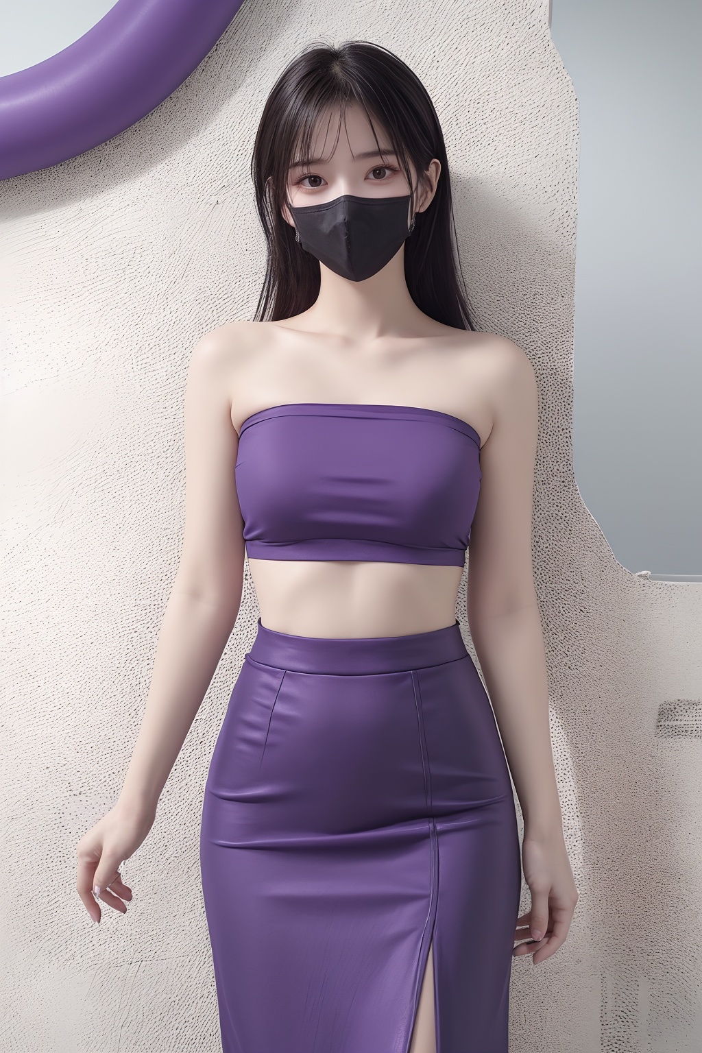 1girl, bangs, bare shoulders, black hair, black skirt, covered mouth, gas mask, long hair, mask, midriff, mouth mask, nail polish, pencil skirt, purple nails, purple skirt, skirt, solo, surgical mask, tape gag  <lora:口罩:0.8>