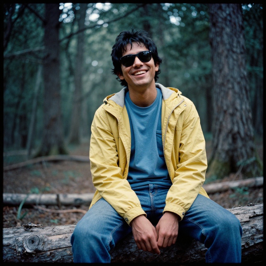analog film photo of cinematic style,  Kodak Portra 400 analog film stocks of a man sitting on a log in the woods,  detail...