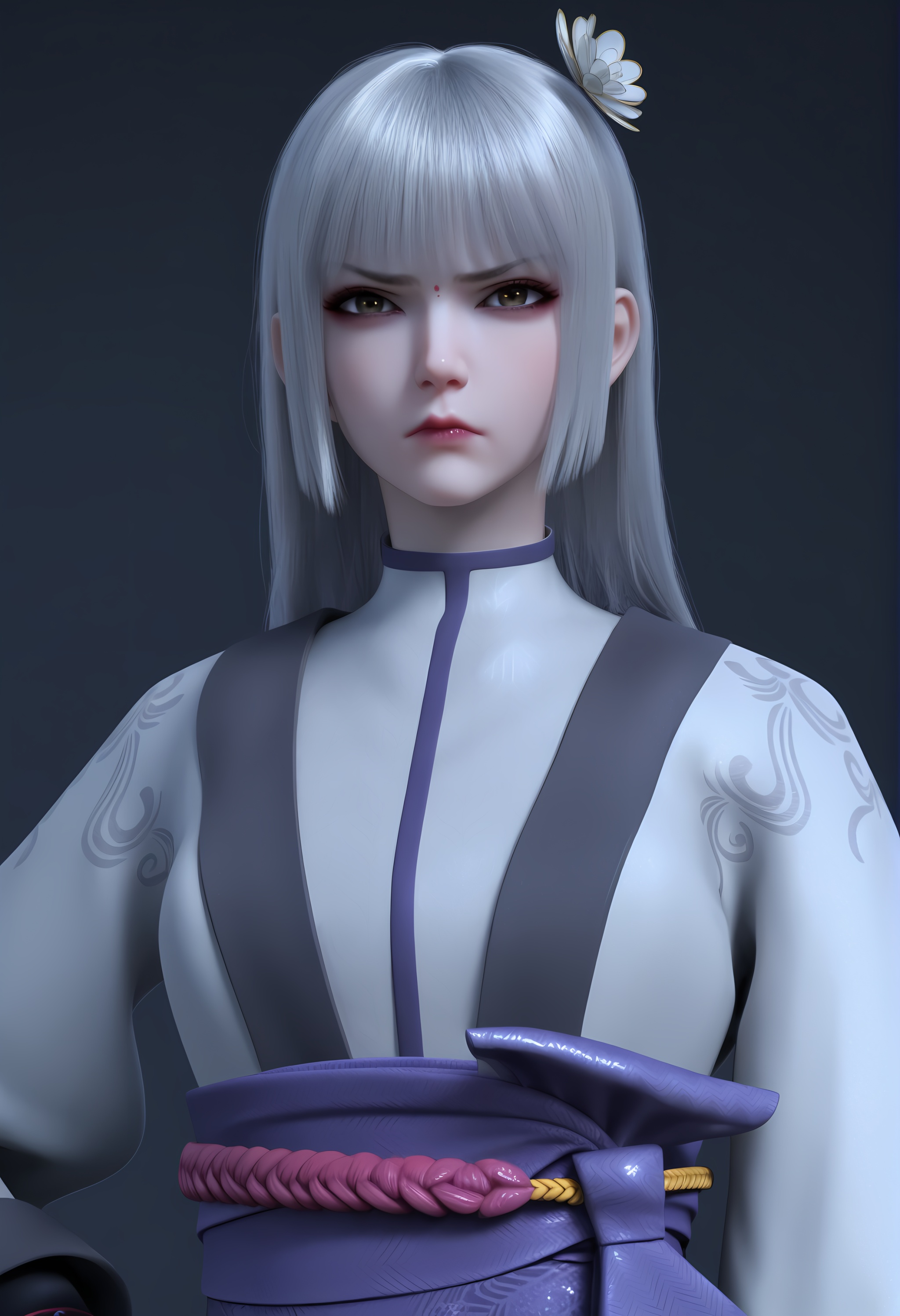 (score_9),<lora:苏红息-apony:0.85>,shuxihong,1girl,solo,red dot,long hair,silver hair,hair ornament,hair flower,bangs,kimono,sash,short kimono,obi,(glamor),curvy,pointy chest,puffy chest,BREAK<lora:Expressive_H-000001:0.8>,light blush,Expressiveh,looking at viewer,front view,(scowl:1.1),Tsundere,head up,looking down,<lora:e肤色滑块:0.35>,fair_skin,(pale skin),<lora:e色温:0.35>,ultra-detailed skin texture,detailed textures,<lora:皮肤凹痕:1.2>,<lora:RealisticSkinv1_ponyv6_loraplus:0.3>,real skin,BREAKsimple background,black background,4K ultra HD,sharp focus,high detail,high contrast,