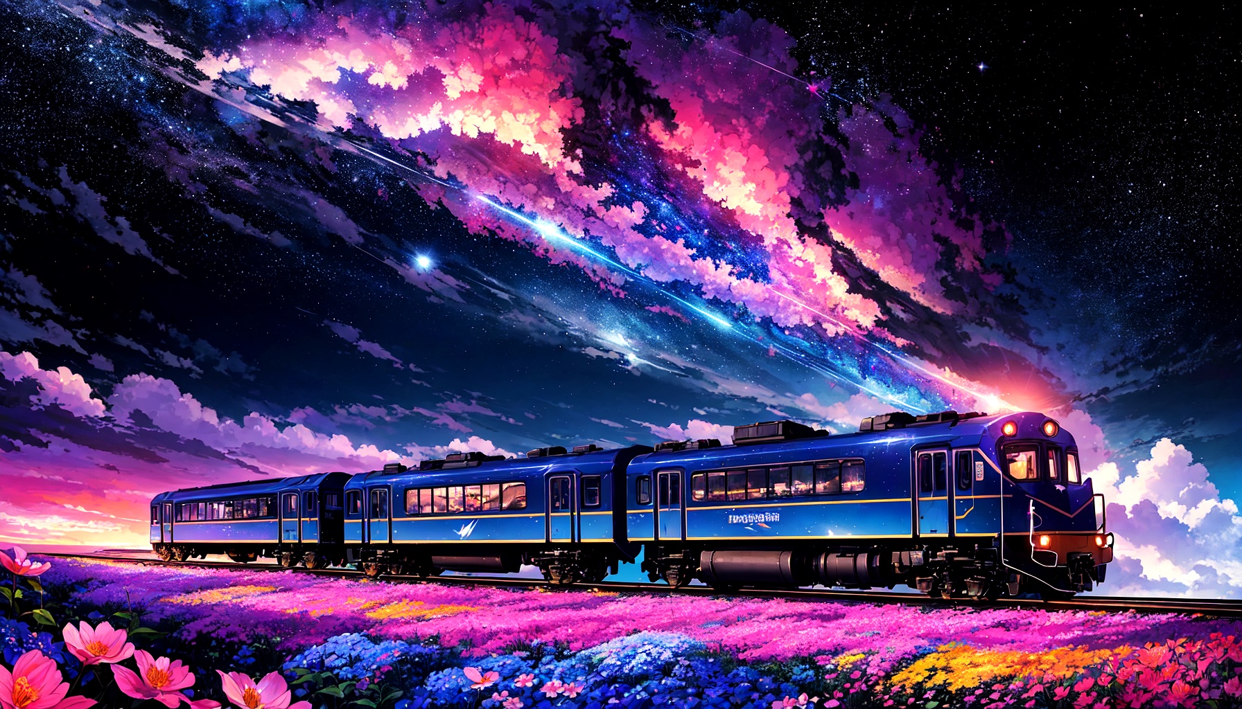 Hyperrealistic train detailed with blooming flowers,  ethereal cloud animals with shimmering outlines,  passengers gazing...