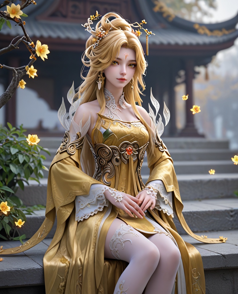 (oriental architecture, elegant decor, sophisticated style:1.1),Sitting on a step, gazing downward,(breasts:1.2),<lora:XL16完美世界黄金花女子:0.95>,1girl,yellow dress,yellow eyes,yellow eyeshadow,forehead mark,blonde hair,very long hair,hair ornament,princess half-up hairstyle with long cascading hair,wide flowing sleeves,white thighhighs,sash,, zPDXL2, score_9, score_8_up, score_7_up BREAK realistic, masterpiece,best quality, highly detailed,, zPDXL3, zPDXL2,zPDXL, zPDXLxxx, zPDXLrl,