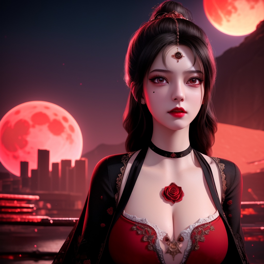 <lora:763-DA-仙逆-墨云:0.8>, (,1girl, ,best quality, ),looking at viewer,  ,,ultra detailed background,ultra detailed background,ultra realistic 8k cg,, ,masterpiece, (( , )),, ,science fiction,mole, ,    ,red moon, black rose,     (cleavage),,  (),