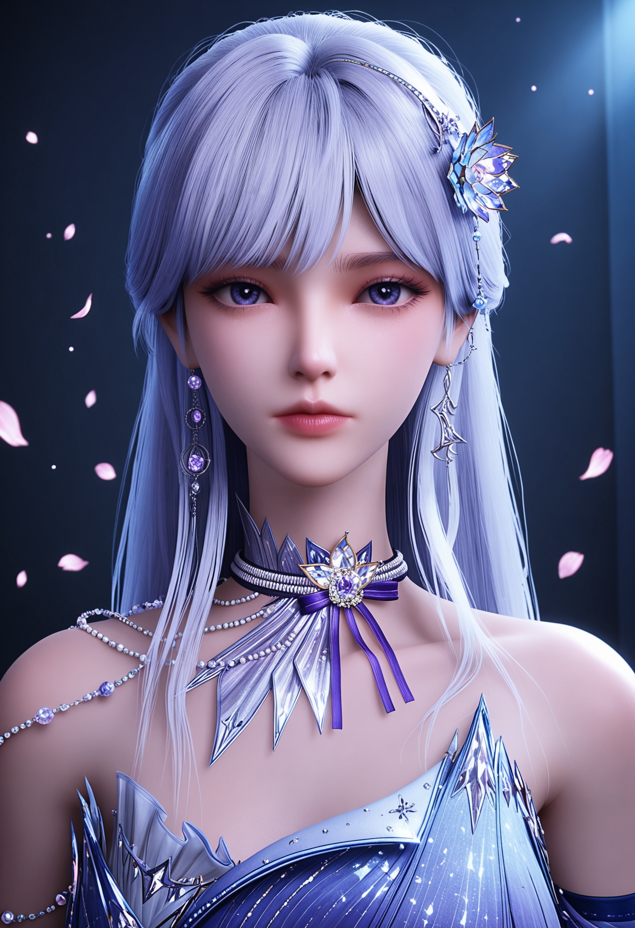 (upper_body:1.2),(looking at viewer:1.1),facing viewer,direct gaze,(masterpiece:1.1),(best quality:1.2),(intricate details),(smog:1.3),(Dark room:1.3),(dim lighting:1.3),peach blossom,falling petals,<lora:YQ_Illustrious光辉v5_圣采儿_服装6_V1:0.8>,1girl,q1528437228,solo,long hair,jewelry,hair ornament,earrings,dress,purple eyes,white hair,choker,high heels,necklace,blue hair,blue eyes,purple hair,masterpiece,(best quality),(intricate details:0.9) BREAK (intricate details:0.9),(realistic skin:1.2),masterpiece,best quality,newest,absurdres,hiahres,