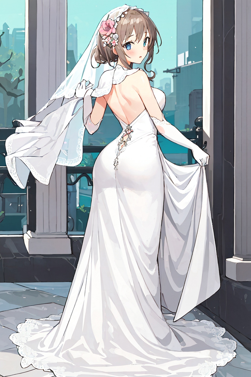 1girl,solo,bride,wedding_dress,bridal_veil,gloves,hair_flower,looking back,full body,<lora:kp_ins风格V1:0.8>, kp,