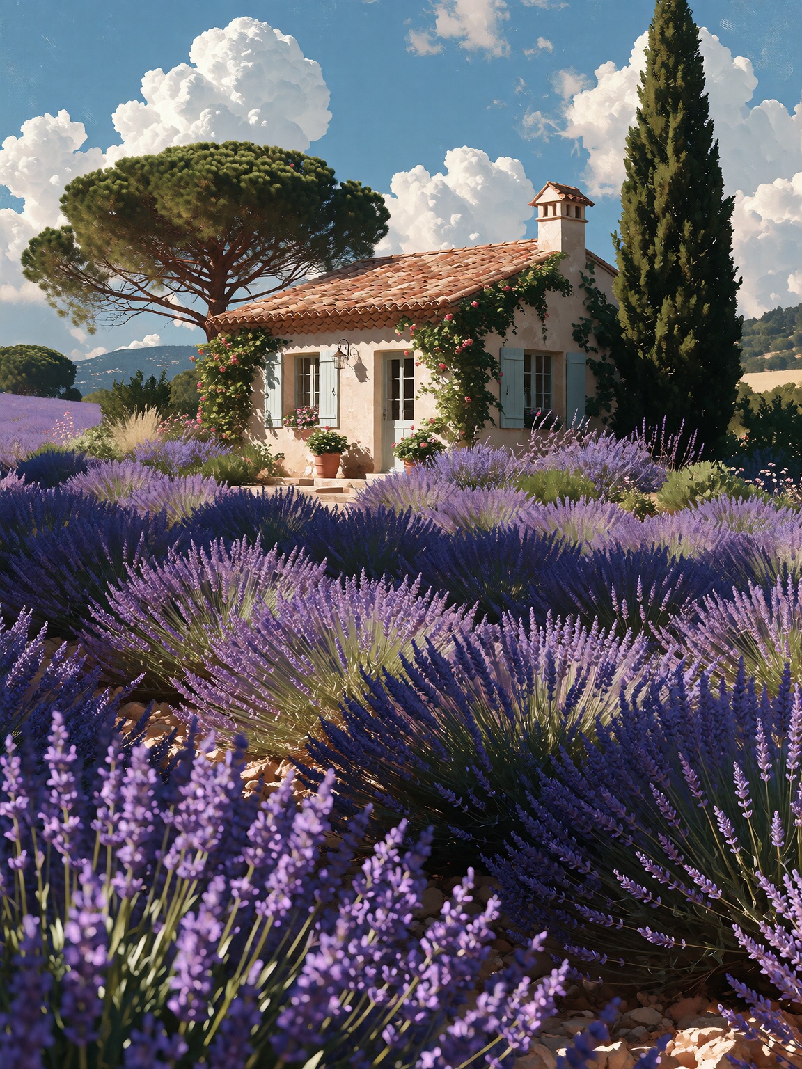Create a ((wallpaper painting)) picture of a beautiful small cottage house in a Lavendel Field of the Provence,  wallpaper...