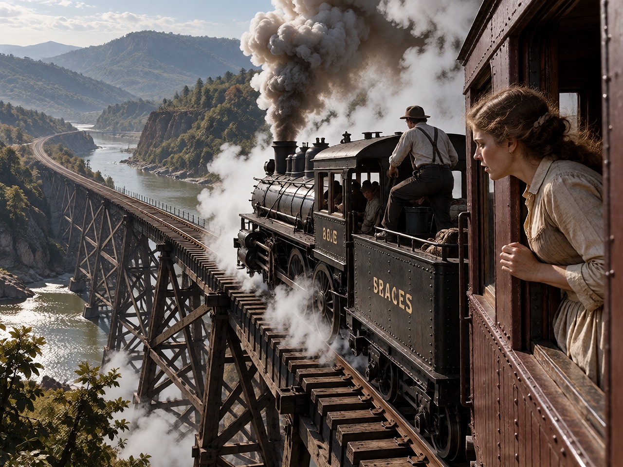 A dramatic cinematic scene set in the American South during the 1860s,  an ***** railway engineer standing on the front of...