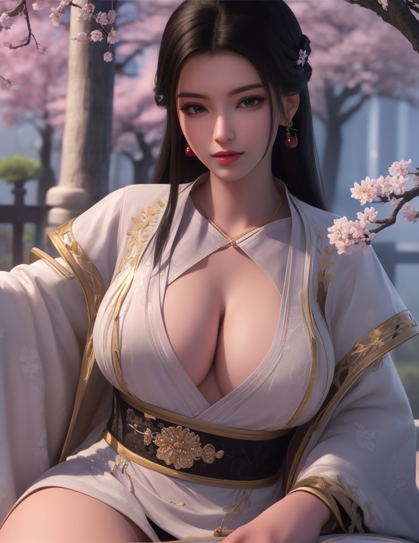 ultra realistic 8k cg, picture-perfect face, flawless, clean, masterpiece, professional artwork, famous artwork, cinematic lighting, cinematic bloom, perfect face, beautiful face, fantasy, dreamlike, unreal, science fiction, huge breasts, beautiful clothes, lace, lace trim, lace-trimmed legwear,  (rich:1.4), prestige, luxury, jewelry, diamond, gold, pearl, gem, sapphire, ruby, emerald, intricate detail, delicate pattern, charming, alluring, seductive, erotic, enchanting, hair ornament, necklace, earrings, bracelet, armlet,halo((,1girl, pov,))(((cherry_blossoms, branch, 1girl, tree, spring_\(season\), solo, petals, black_hair, japanese_clothes,looking at viewer, )))     <lora:DA_YueYaoMenswear:0.6>