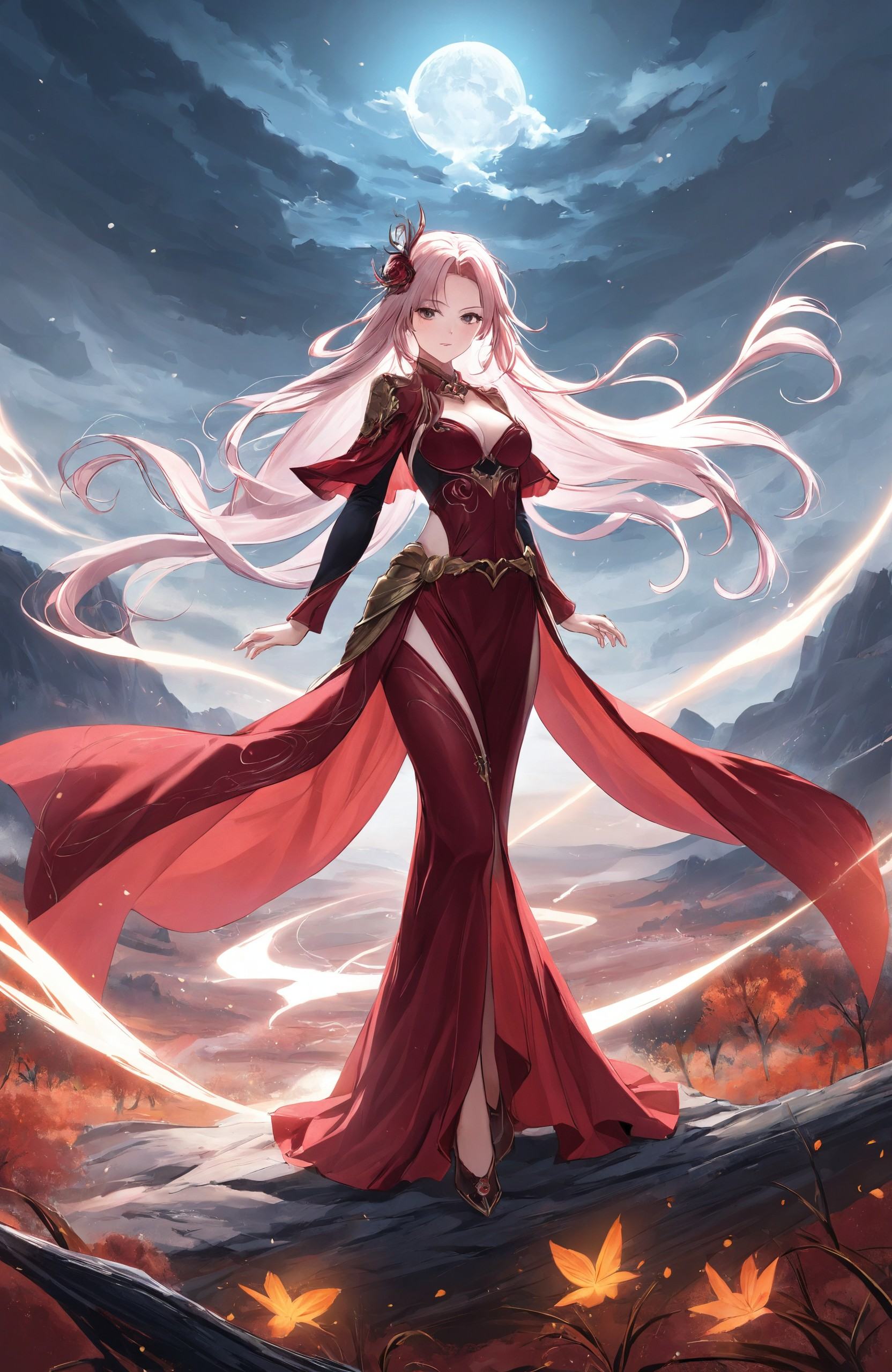"Elegant anime art style, depicting a ghostly queen clad in a crimson robe, standing in the midst of a windswept landscape. Her hair and robe billow dramatically in the wind as she commands the elements around her. The background is a haunting mix of swirling mist and ancient trees, with her figure standing out as the embodiment of power and grace. The overall atmosphere is both mysterious and captivating, with a touch of ethereal beauty."
