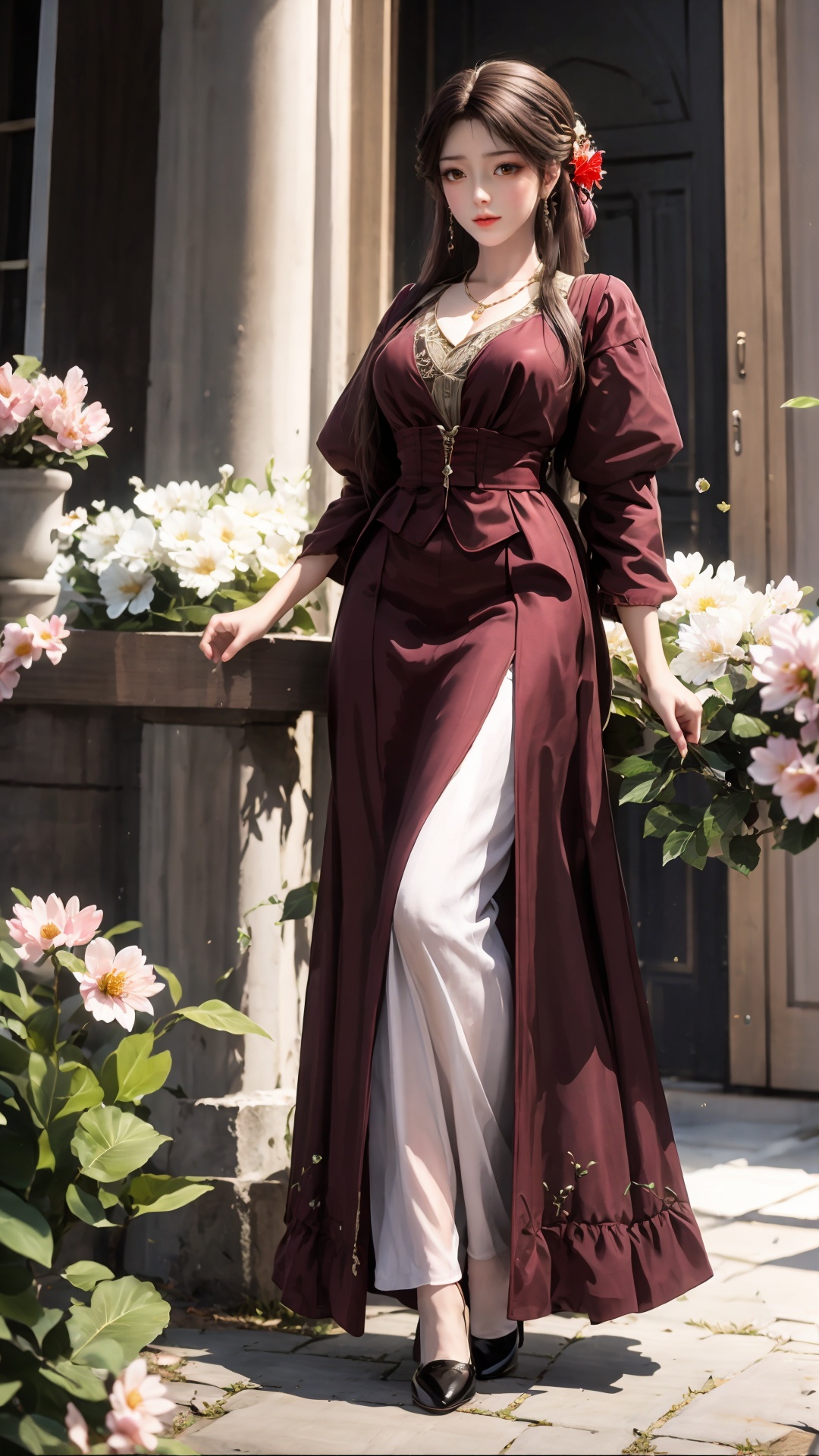 a girl,<lora:v1_hlr_hfh_hmai_20240406005401-0000010-08:0.8>,full_body, period clothing, flowers,