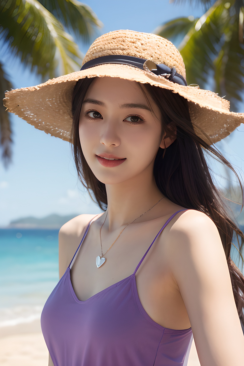 <lora:0817_03:0.4>,araffe girl with long hair wearing a purple dress, 1girl, solo, hat, straw hat, long hair, looking at viewer, necklace, jewelry, heart necklace, smile, heart, brown hair, bangs, day, beach, outdoors, upper body, black hair, sunlight, closed mouth, swimsuit, selfie, sky, ocean,, 1girl,realistic,masterpiece, best quality, photorealistic, HDR,detail