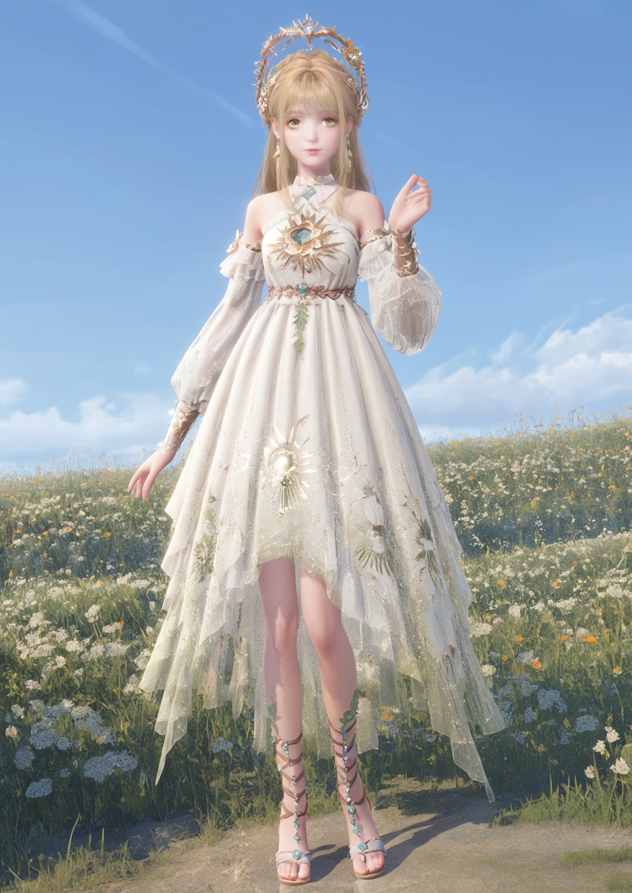 score_10,score_9,score_8_up,score_7_up,1girl,<lora:NikkiCJZF_PonyV1-000004:0.5>,NikkiCJZF,solo,dress,jewelry,standing,earrings,sandals,blonde hair,long hair,white dress,hair ornament,detached sleeves,bare shoulders,in summer,day,nature,flower field,outdoors,sky,Cirrocumulus,looking at viewer,