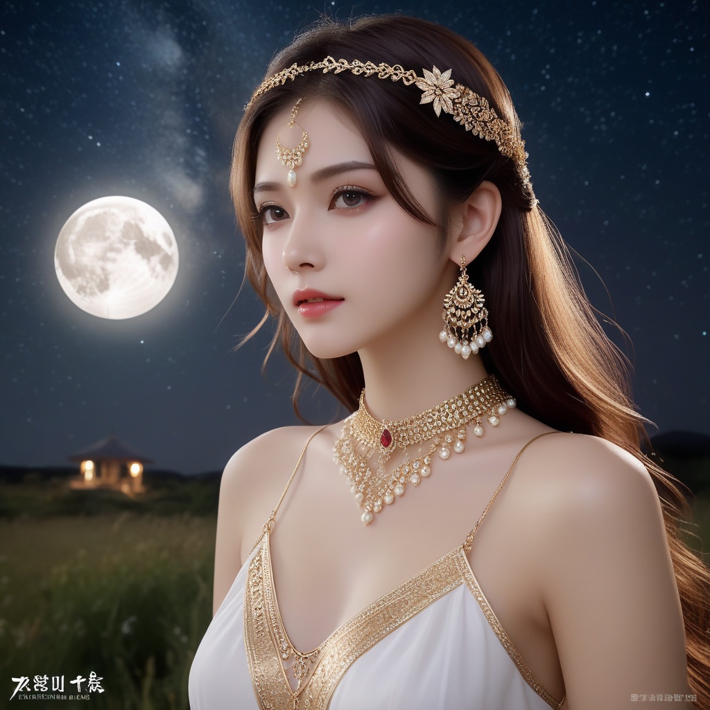 <lora:648-DA-XL-遮天-狠人大帝:0.8>(,1girl, ,best quality, ),looking at viewer,masterpiece(,1girl,night, starry sky, milky way,outdoors, full moon,  night sky, darkness,  world of darkness, , ) ,ultra realistic 8k cg,   clean, masterpiece,     (( , )),, , , prestige, luxury, jewelry, diamond, gold, pearl, gem, sapphire, ruby, emerald, intricate detail, delicate pattern, charming, alluring, seductive, erotic, enchanting, hair ornament, necklace, earrings, bracelet, armlet,halo((, )), (),