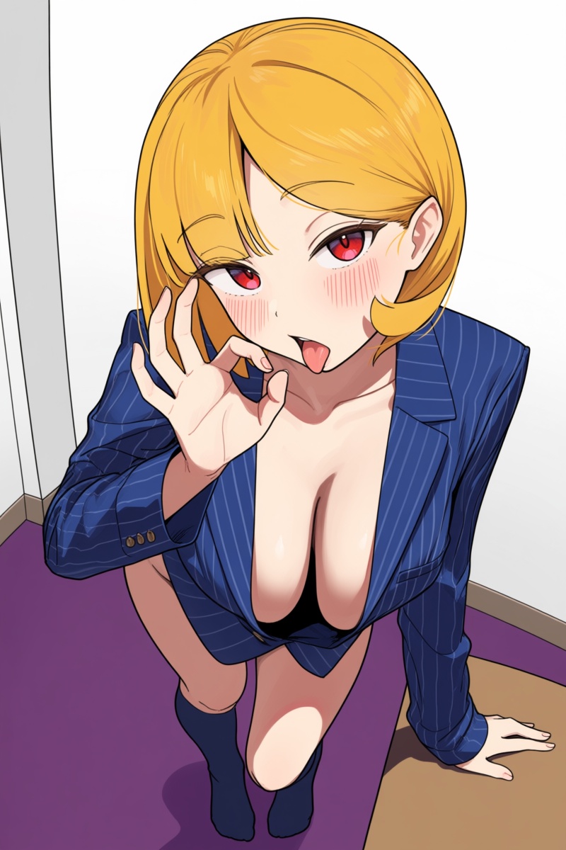 @smnlsst,  The image shows a young woman with short blonde hair looking up at the viewer with a slightly open mouth and bl...