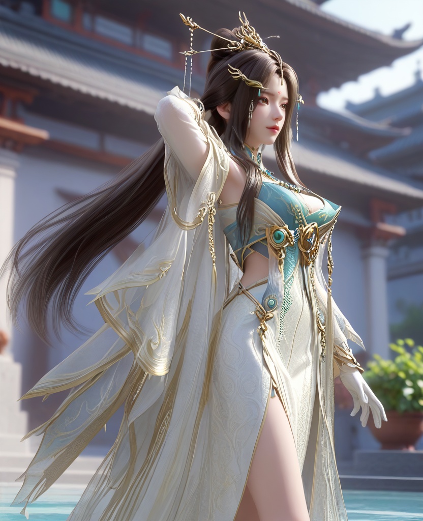 (oriental architecture, elegant decor, sophisticated style:1.1),(Legs outstretched, arms outstretched,:1.1),(From behind, highlighting the back of the subject and their environment:1.1),(large breasts:1.2),<lora:XL16云深不知梦云望舒少宗主服:0.95>,miss yunwangshu,white gown with tulle skirt,shawl,brown eyes,forehead mark,very long hair,traditional chinese updo with long front strands,hair ornament,jewelry,blue bandeau,white gloves,, score_9,score_8_up,score_7_up,score_6_up,score_5_up,score_4_up,3d rendering,tag1,tag2, Cinematic Lighting,backlighting,