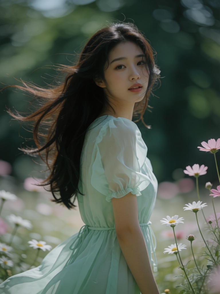A stunning,  photorealistic outdoor portrait of a beautiful young Asian woman with long,  flowing dark brown hair caught i...