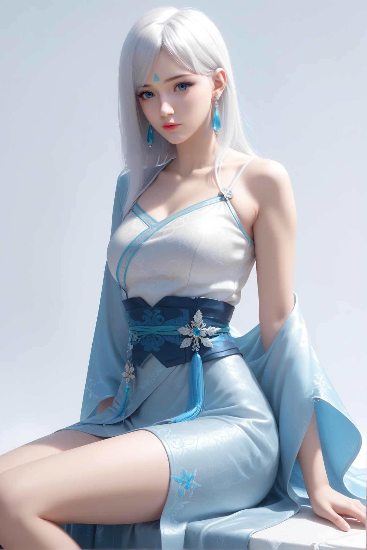 score_9,score_8_up,score_7_up,<lora:wy_xuemei_XL7.0:0.8>,1girl,long hair,earrings,hair_ornament,dress,white hair,blue eyes,thick_thighs,simple background,white_background,wetting,dark,sitting,forehead_mark,