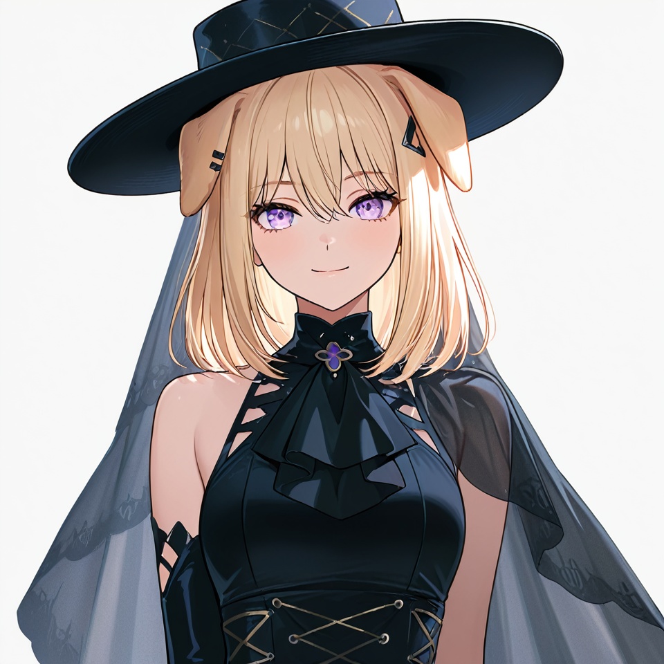 masterpiece, best quality,solo,(white background:1.2),simple background,1girl,looking at viewer,         Misumi Uika,blonde hair bangs,purple eyes,smile,medium hair,hair between eyes,gloves,hat,dress, animal ears, bare shoulders, flower, boots, black gloves,black footwear, black dress, high heels, black headwear,hair ornament,sleeveless,elbow gloves,dog ears,sleeveless dress<lora:舟uika-ill10:0.8>