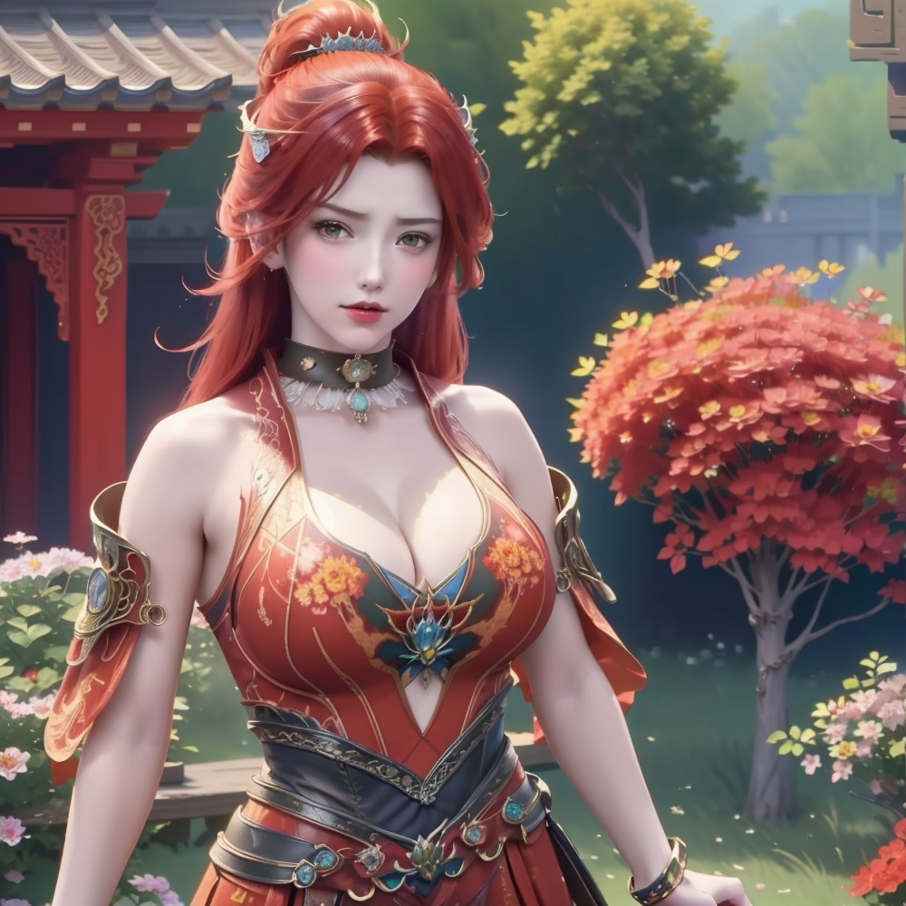 <lora:斗破苍穹-唐火儿:0.8>,red hair,  (,1girl, ,best quality, ),looking at viewer,,anime,(masterpiece, top quality, best quality, official art, beautiful and aesthetic:1.2), (1girl)	, , (cleavage),extreme detailed,(fractal art:1.3),colorful, flowers ,highest detailed,(by Jeremy Lipking)    (cleavage), (),