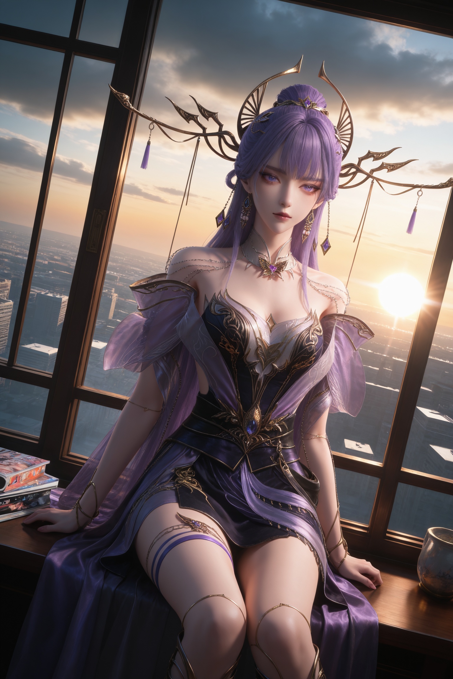 Nai3 style,realistic style photo,outstanding style,Use soft lighting to cast gentle shadows on the subject,adding a touch of dimension to your images without compromising details,whirls of vapor,(Anime:1.1),soft neon light,ethereal ambiance,delicate details,magical atmosphere,concept art,highly detailed,ultra-high resolution,32K UHD,sharp focus,best-quality,masterpiece,golden hour,unconventional supreme masterpiece,masterful details,temperate atmosphere,with a high-end texture,in the style of fashion photography,magazine style,Dynamic Angle,Dynamic posture,magazine style,Dynamic Angle,Dynamic posture,(cowboy_shot:1.2),eye trail,depth of field,cinematic lighting,lens flare,(artist:quasarcake:0.8),close-up,(artist:quasarcake:0.8),extreme aesthetic,(wlop:0.6),(honjou raita,lack,rella,wanke:0.5),masterpiece,best quality,good quality,newest,year 2025,very aesthetic,absurdres,Visual impact,A shot with tension,ultra-high resolution,32K UHD,sharp focus,best-quality,masterpiece,Emotionalization,unconventional supreme masterpiece,masterful details,temperate atmosphere,with a high-end texture,in the style of fashion photography,(Visual impact:1.2),giving the poster a dynamic and visually striking appearance,<lora:百炼成神3-天穹IL:0.8>,1girl,long hair,hair ornament,purple hair,earrings,purple eyes,hair rings,hair ornament,necklace,bare shoulders,purple dress,black dress,thigh strap,boots,, 1girl,solo,sitting,window,frills,sky,cloud,indoors,cityscape,closed_mouth,sun,looking at viewer,