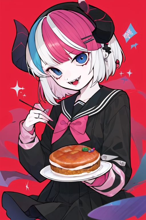 CH,high contrast,1girl,solo,looking at viewer,smile,short hair,open mouth,bangs,blue eyes,shirt,hair ornament,long sleeves,bow,holding,jewelry,multicolored hair,hairband,food,horns,hairclip,sailor collar,black shirt,fangs,pink background,red background,