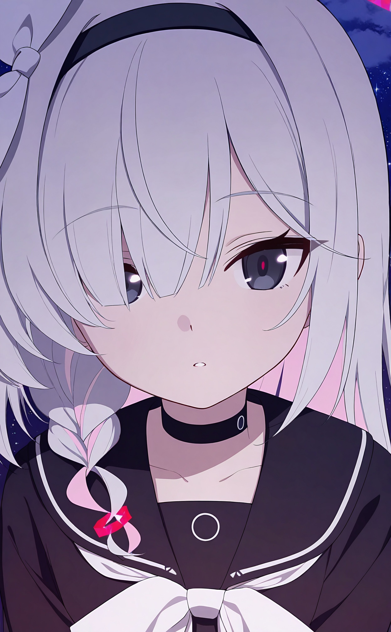 masterpiece,best quality,high quality,loli,1girl,plana (blue archive),solo,sky,hairband,hair over one eye,choker,black hairband,black eyes,long hair,colored inner hair,black choker,sailor collar,multicolored hair,braid,black sailor collar,star (sky),pink hair,serafuku,school uniform,red pupils,single braid,cloud,white hair,starry sky,night sky,looking at viewer,white ribbon,night,parted lips,portrait,cloudy sky,outdoors,side braid,white bow,ribbon,two-tone hair,black serafuku,grey hair,collarbone,hair ribbon,//,<lora:BA——【noob】hans:1>,