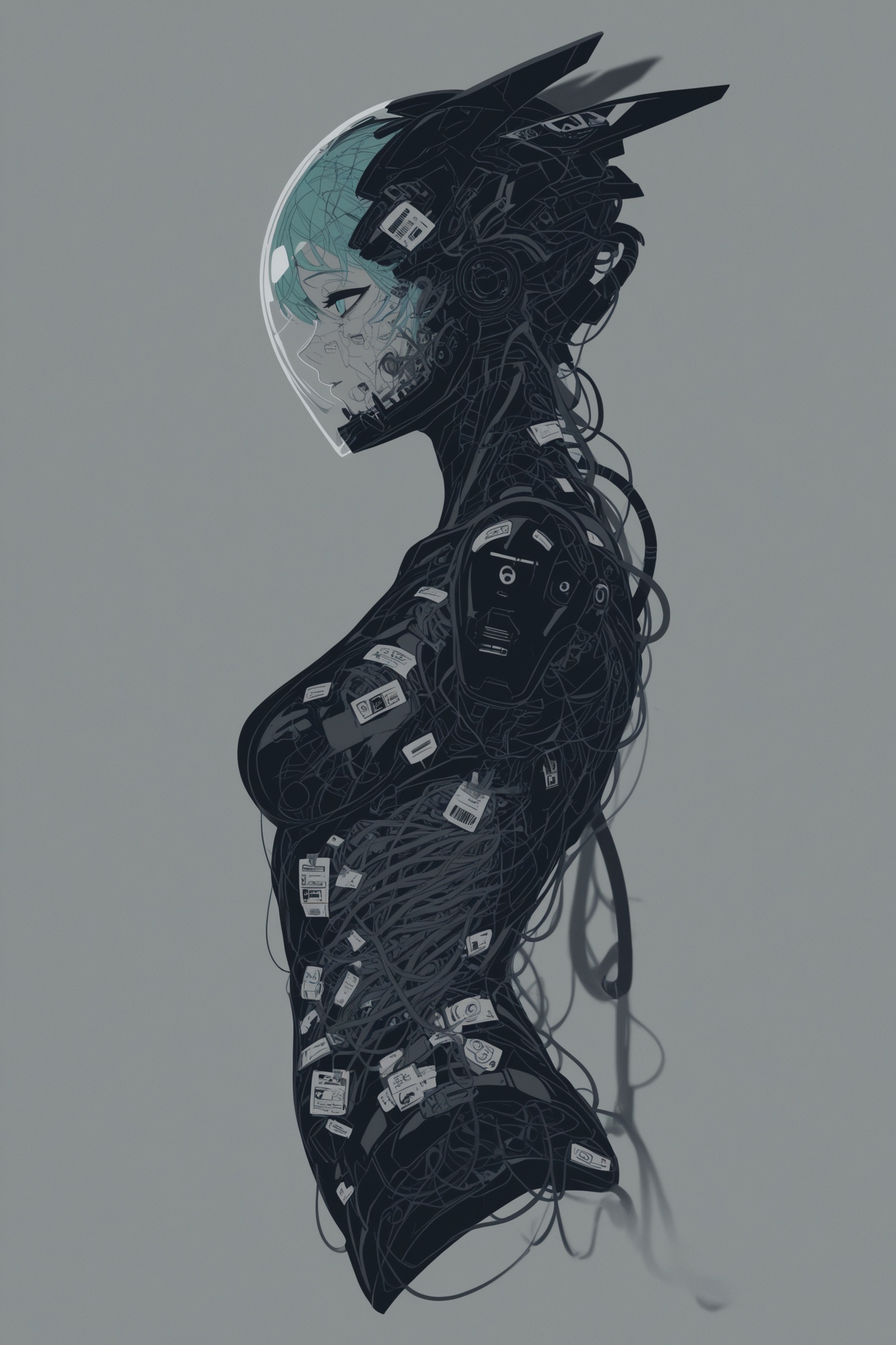 (flat color:1),(no lineart:1),(no outline:1),(Flat vector:1),hatsune miku,beast_quality,masterpiece,Ultra sharp,detailed demon cyborg,patches of human skin,messy internal wiring,too many thin wires,barcode product sticker,spring coils,clips,mesh,labels,skin graphs living human flesh stitched together,sutures,stitches,post-op,translucent silicone ligaments,nylon braided data sync cables,power supply connection clips,hellraiser,cenobite,demon summoned,necromancy,side view profile,portrait,being built by a techno-shaman s evil craftsmanship,blurry clandestine repair shop background,