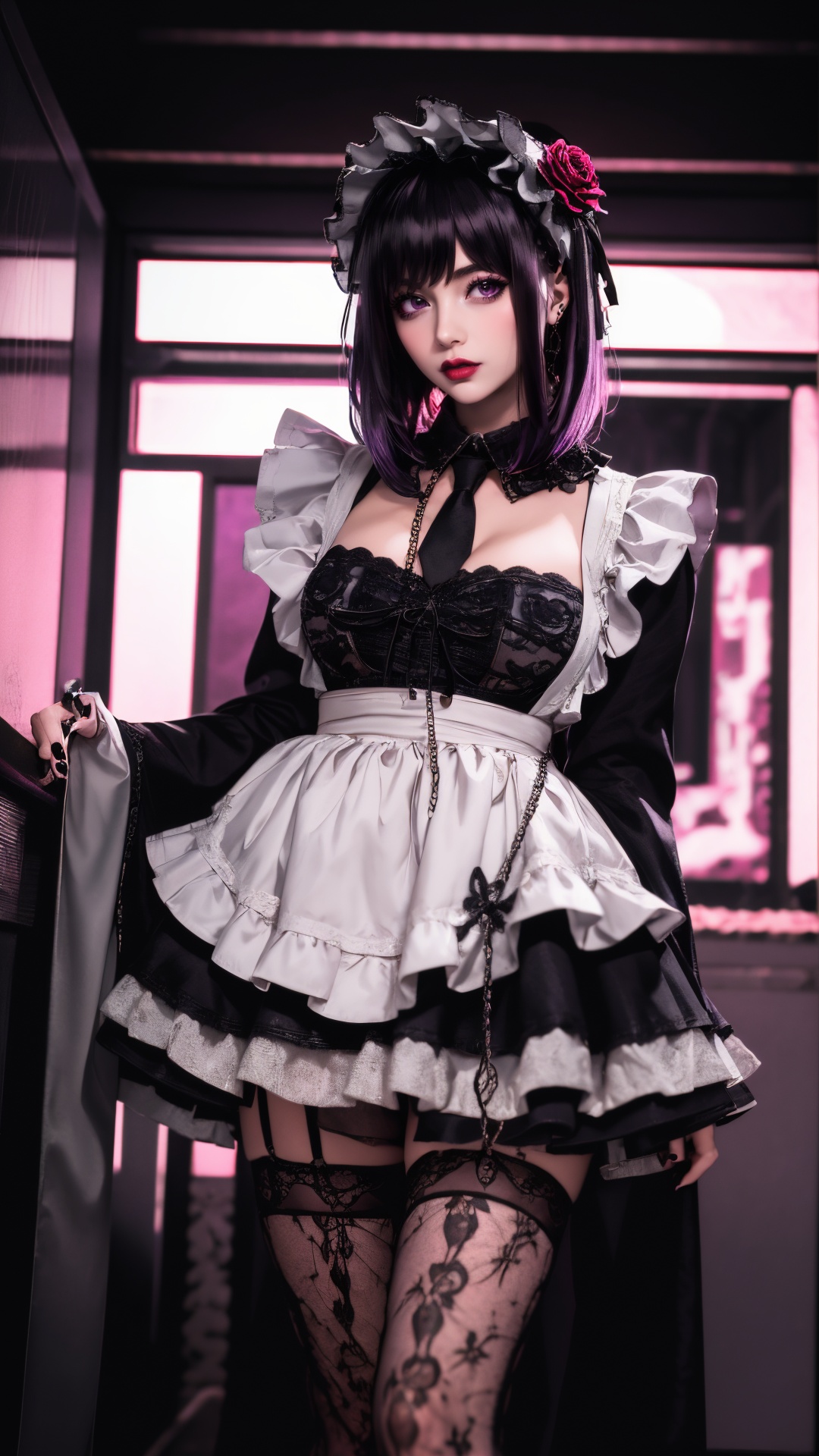 tutututu,1girl,solo,Kuroe Shizuku,lolita fashion,apron,pantyhose,gothic lolita,black dress,frills,hair flower,hair ornament,chain leash,black nails,wide sleeves,lace trim,long sleeves,rose,black footwear,black necktie,maid,fishnets,maid headdress,detached collar,red flower,thighhighs,hairband,chain,floral print,lolita hairband,garter straps,black thighhighs,lace,<lora:Kuroe Shizuku_Lolita-000007:0.5>,by Anita Kunz,(vaporwave aesthetic, dark palette, highly professional, dramatic lighting, extremely beautiful:1.4),(intricate details, masterpiece, best quality:1.4),1girl,solo,extremely sexy,NeonPunk style,cyberpunk,vaporwave,neon,vibes,vibrant,stunningly beautiful,crisp,detailed,sleek,ultramodern,magenta highlights,dark purple shadows,high contrast,cinematic,ultra detailed,intricate,professional,looking at viewer,dynamic pose.,