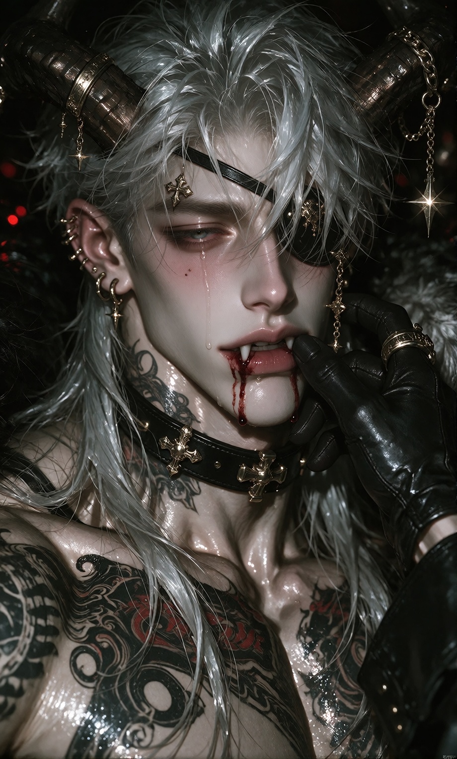A photo of a pale-skinned manly mature male with long,  wet silver hair cascading over his shoulders and adorned with mult...
