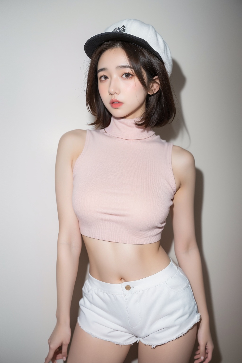 1girl,solo,shorts,navel,white shorts,photo background,pink shirt,midriff,looking at viewer,sleeveless,shirt,short hair,brown eyes,short shorts,brown hair,cowboy shot,realistic,lips,black hair,standing,breasts,indoors,turtleneck,hat removed,wall,crop top,<lora:lora-000002.by_tusi:0.8>,