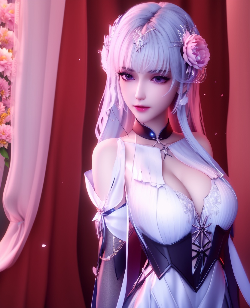 <lora:587-DA-神印王座-圣采儿-觉醒:0.8>(,1girl, ,best quality, ),looking at viewer,  ,,ultra detailed background,ultra detailed background,ultra realistic 8k cg, , ,masterpiece, (( , )),,, ultra realistic 8k cg, ,      ,peony \(flower\),(cleavage), (),