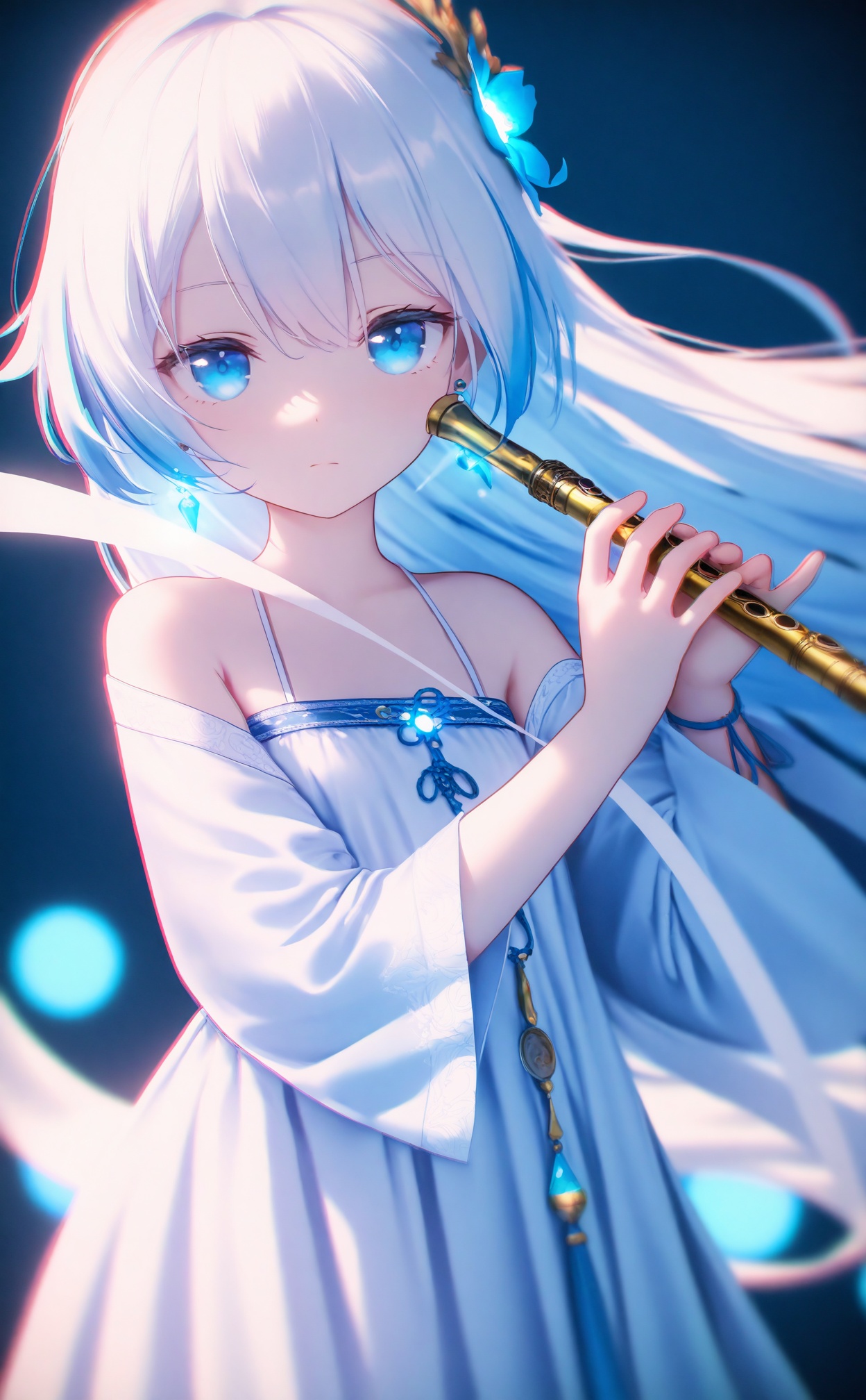 masterpiece,absurdres,best quality,loli,petite,high quality,chromatic_aberration,//,1girl,solo,blue eyes,flute,holding instrument,holding,long hair,hair ornament,looking at viewer,blue theme,long sleeves,white hair,closed mouth,playing instrument,hanfu,blue dress,dress,music,bare shoulders,expressionless,hair flower,wide sleeves,flower,blue hair,off shoulder,jewelry,chinese clothes,upper body,floating hair,cowboy shot,shawl,white dress,blue background,off-shoulder dress,dark background,very long hair,earrings,detached sleeves,glowing,//,Depth of field,(colorful),hdr,Tyndall effect,depth of field,Tyndall Effect,blurry,blurry_background,depth_of_field,bokeh,glowing,//,<lora:MMDguangwuran6——【noob】hans:0.9>,