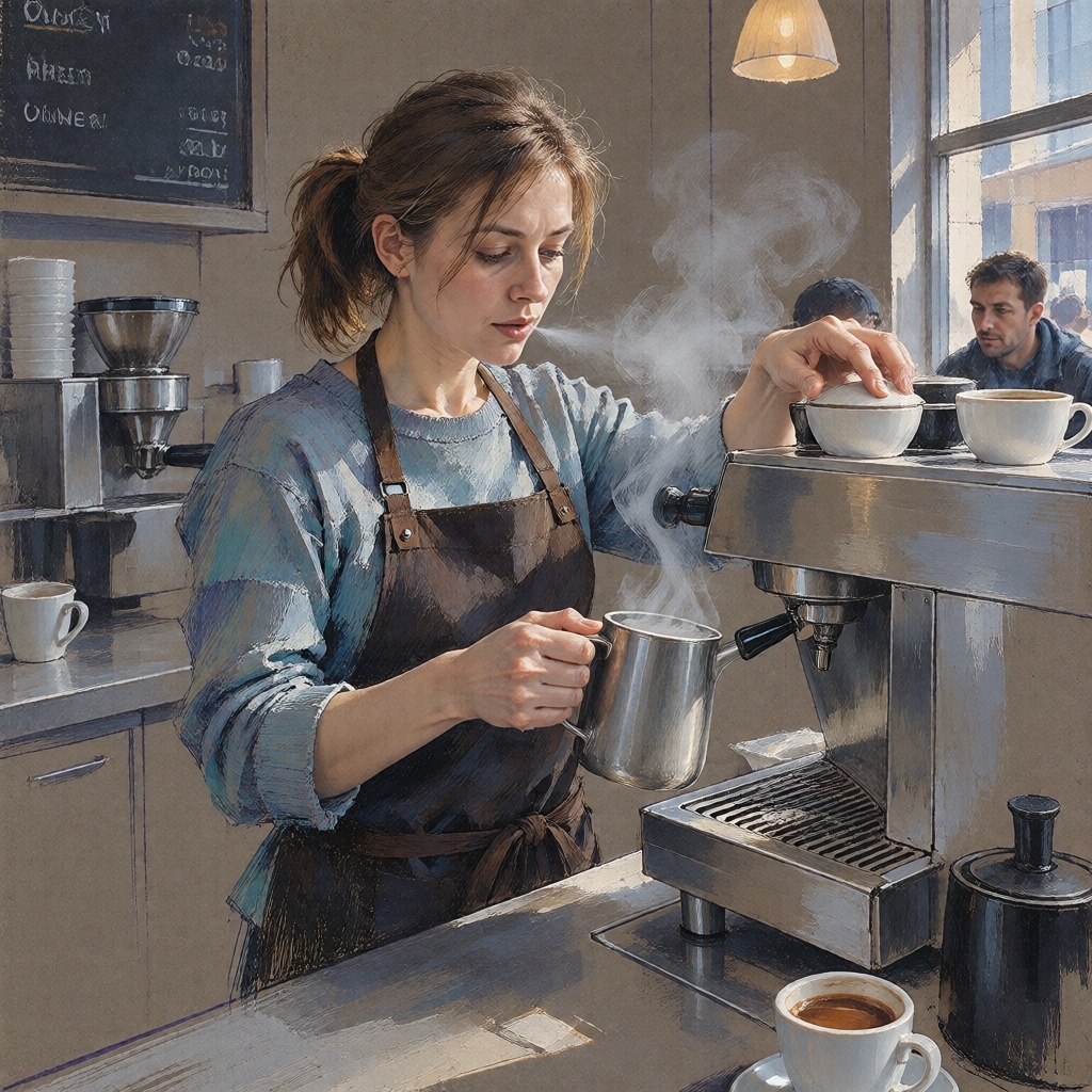 A young woman barista steaming milk behind the counter of a contemporary coffee shop,  morning sunlight across her face,...