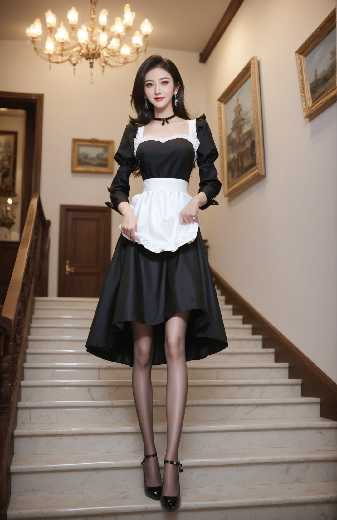 score_9,score_8_up,score_7_up,break.,1girl,solo,pov,china outfit,looking at viewer,style by nm, 1girl, stairs, dark \(nm style\), high heels, solo, painting \(object\), jewelry, long hair, apron, pantyhose, earrings, indoors, black footwear, dress, long sleeves, looking at viewer, black dress, skirt hold, parted lips, standing, puffy sleeves, full body, necklace, maid, picture frame, black pantyhose, breasts, chandelier,light smile1girl,solo,long hair,blush,<lora:景甜py2:0.8>,
