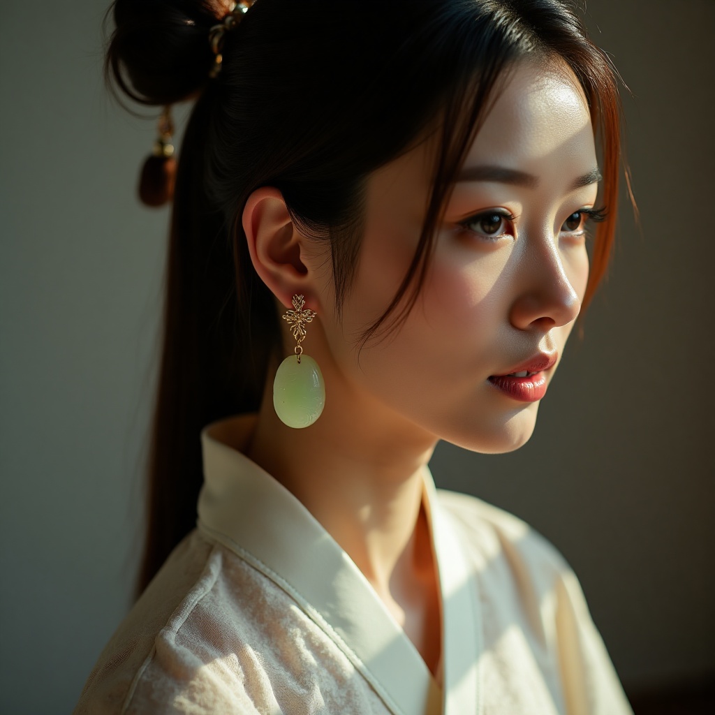 erzhui,erzhui,A Chinese female model with intricate hairpins and traditional Hanfu, wearing delicate jade earrings, professional lighting setup in a product photography studio, focus on the earrings