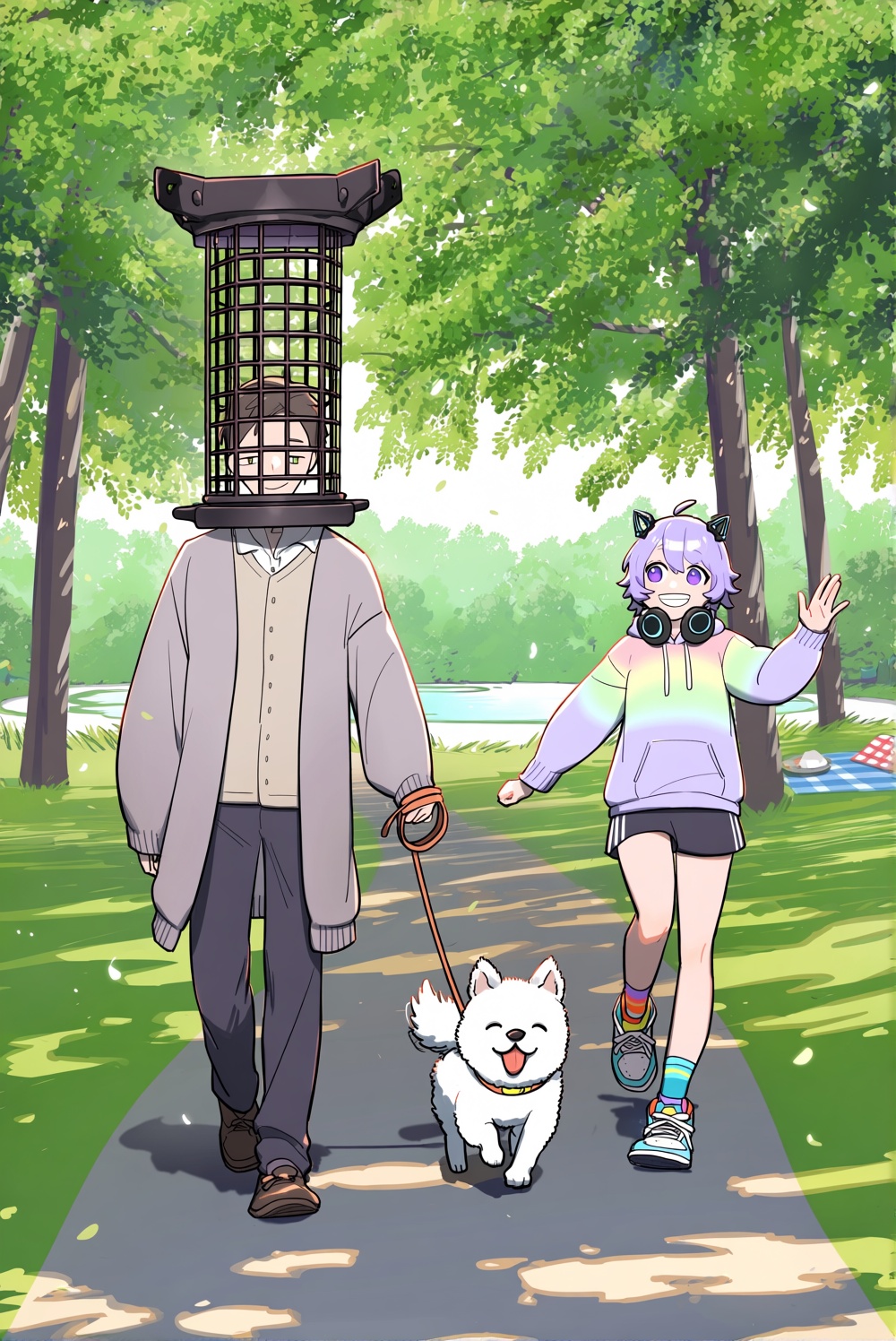 @mlrcyc. Micolash man strolls along a paved path through a green,  tree-lined park,  his tall metal cage catching glints o...