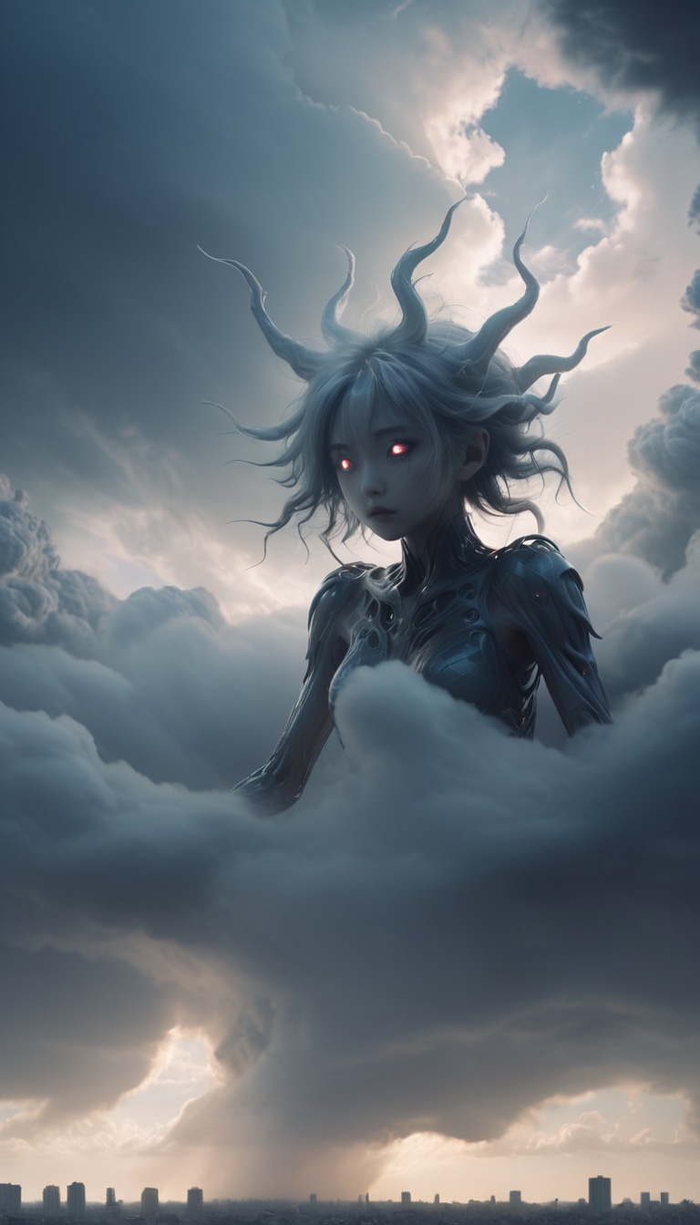 <lora:xl-shanbailing-1215白棱monster-000002:0.9>,bailing_monster,a huge monster passes through the clouds,outdoors,(1girl:0.3),city,mitsu_masaya,cloudy,megalophobia,centered composition,ultimate light and shadow,UHD,8k resolution,cinematic lighting,extremely low angle shooting,